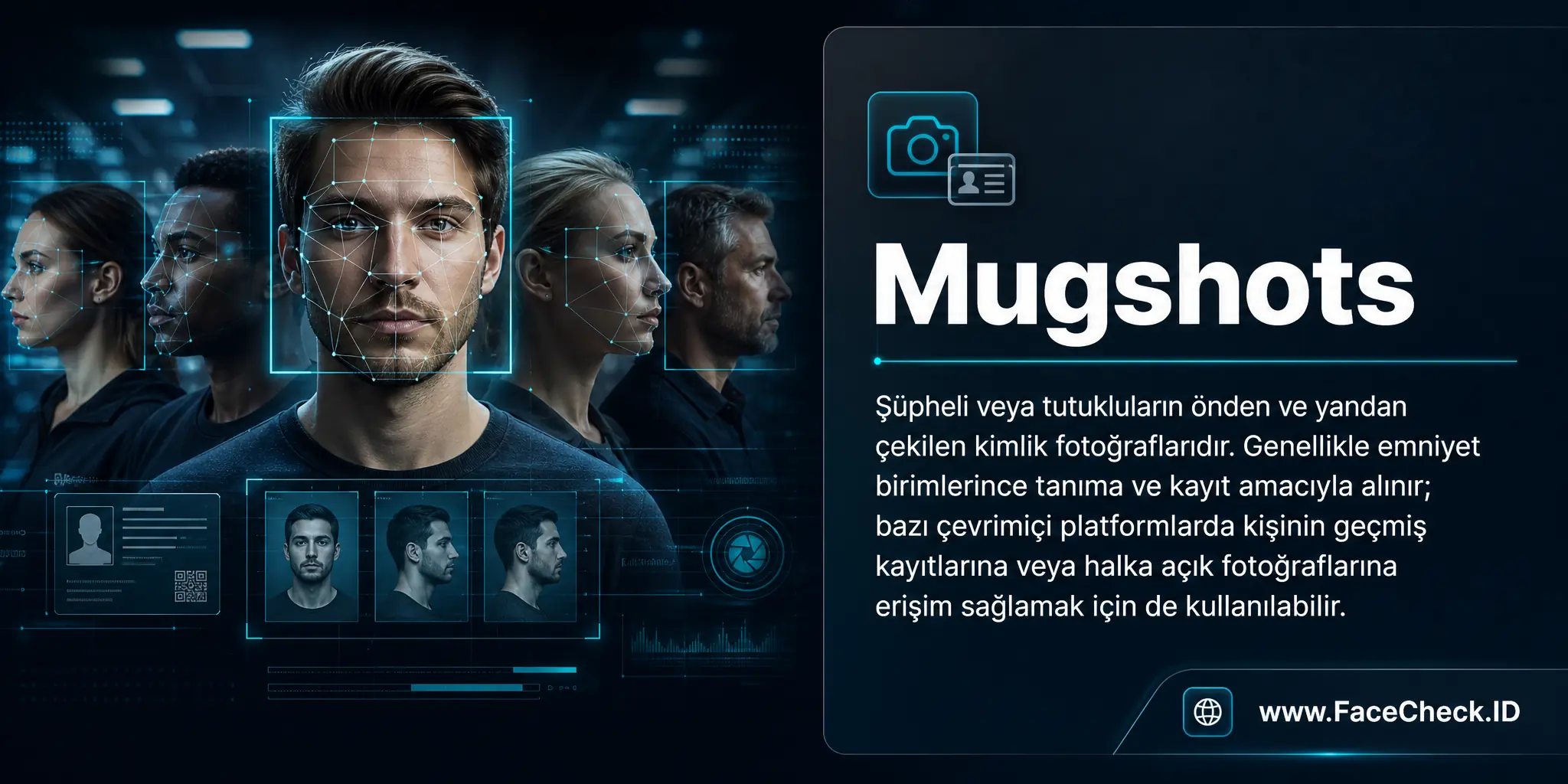 Mugshots suçluların ve tutukluların iki farklı açıdan çekilmiş fotoğraflarını, genellikle tanınma ve izleme amacıyla polis tarafından alınan ve sosyal medya veya çevrimiçi platformlarda kişinin geçmiş suç kayıtlarına veya halka açık fotoğraflarına erişim sağlayabilen bir terimdir.