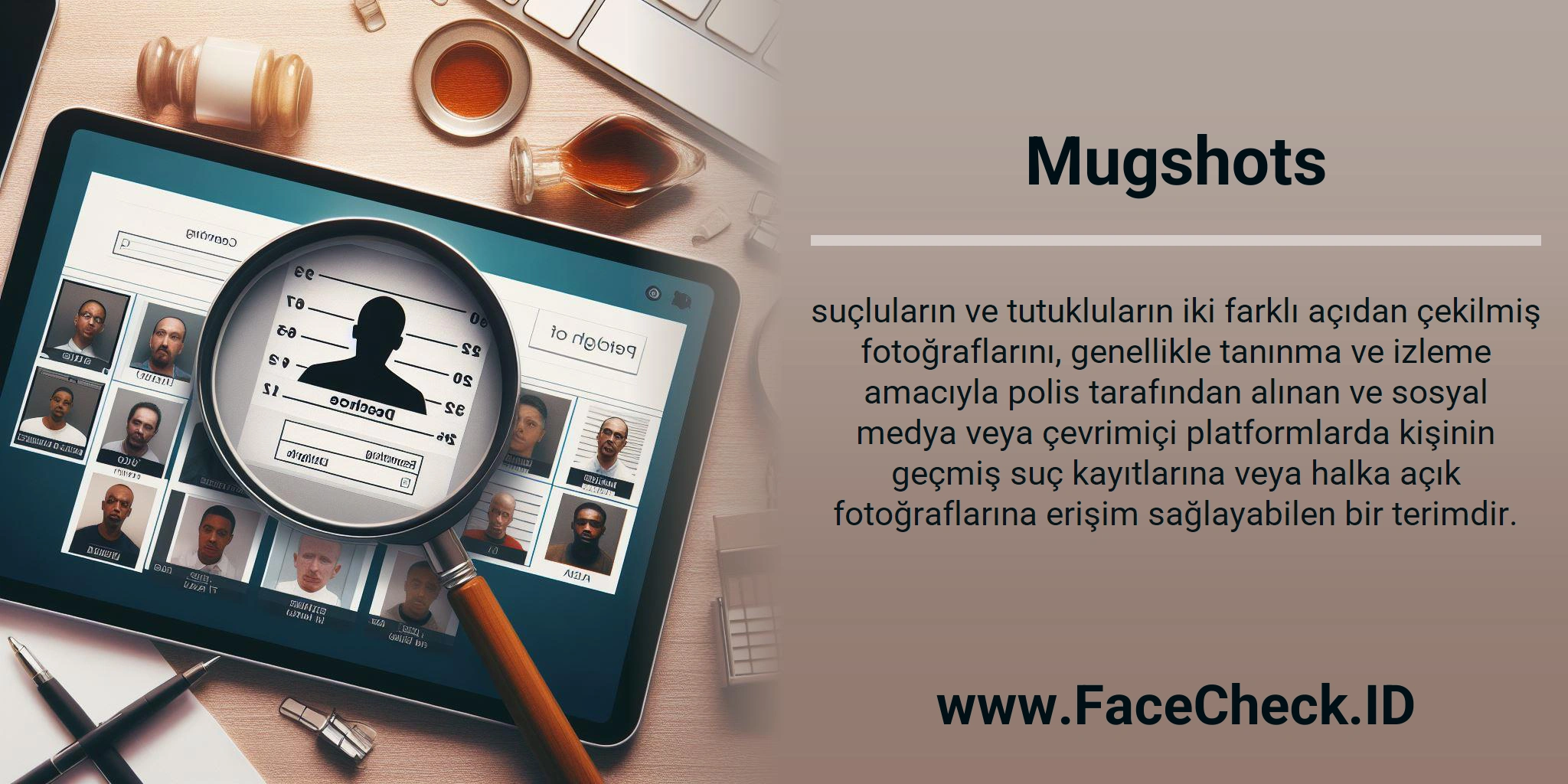 Mugshots suçluların ve tutukluların iki farklı açıdan çekilmiş fotoğraflarını, genellikle tanınma ve izleme amacıyla polis tarafından alınan ve sosyal medya veya çevrimiçi platformlarda kişinin geçmiş suç kayıtlarına veya halka açık fotoğraflarına erişim sağlayabilen bir terimdir.