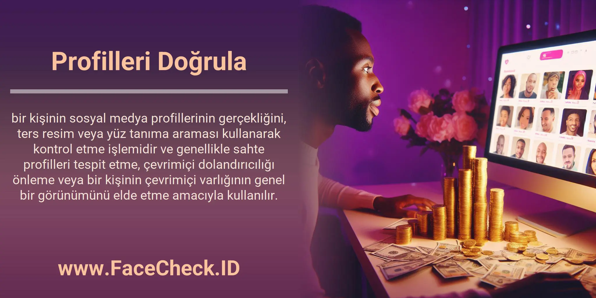 Profilleri Doğrula bir kişinin sosyal medya profillerinin gerçekliğini, ters resim veya yüz tanıma araması kullanarak kontrol etme işlemidir ve genellikle sahte profilleri tespit etme, çevrimiçi dolandırıcılığı önleme veya bir kişinin çevrimiçi varlığının genel bir görünümünü elde etme amacıyla kullanılır.