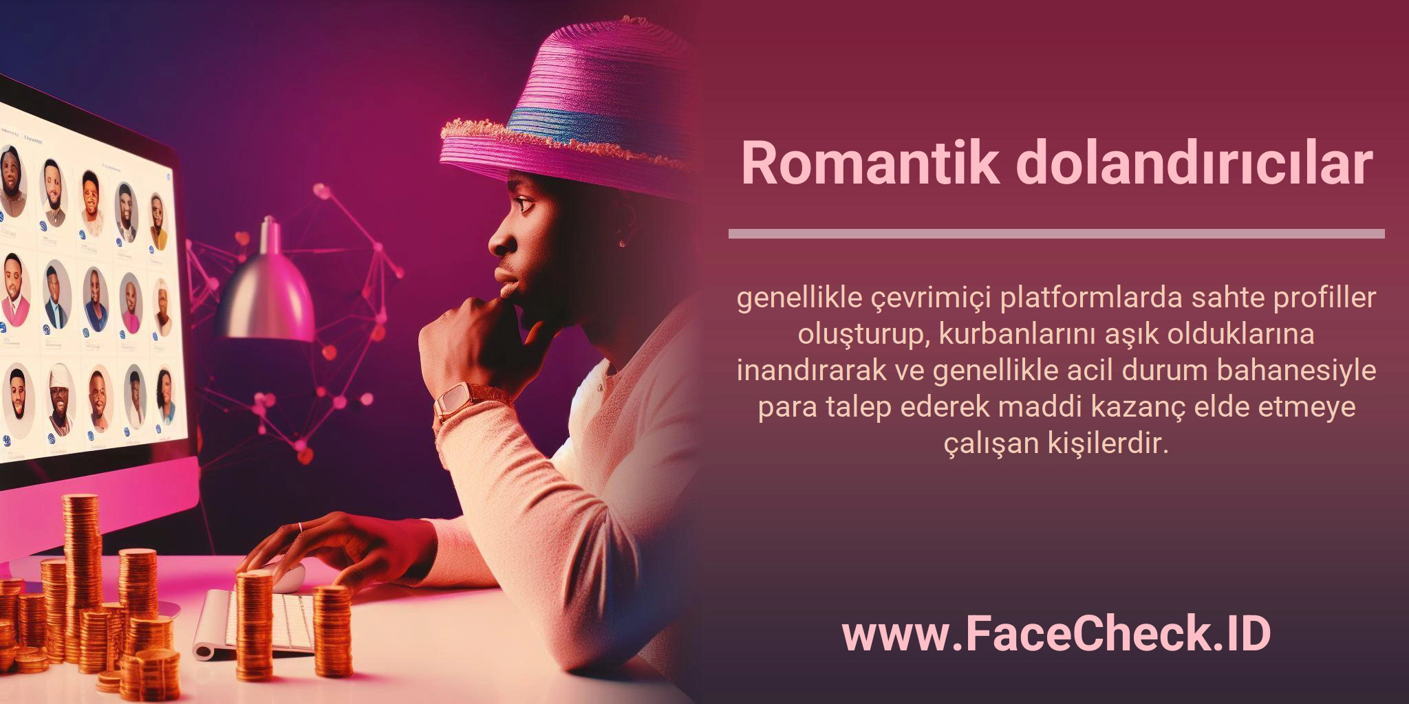 Romantik dolandırıcılar genellikle çevrimiçi platformlarda sahte profiller oluşturup, kurbanlarını aşık olduklarına inandırarak ve genellikle acil durum bahanesiyle para talep ederek maddi kazanç elde etmeye çalışan kişilerdir.