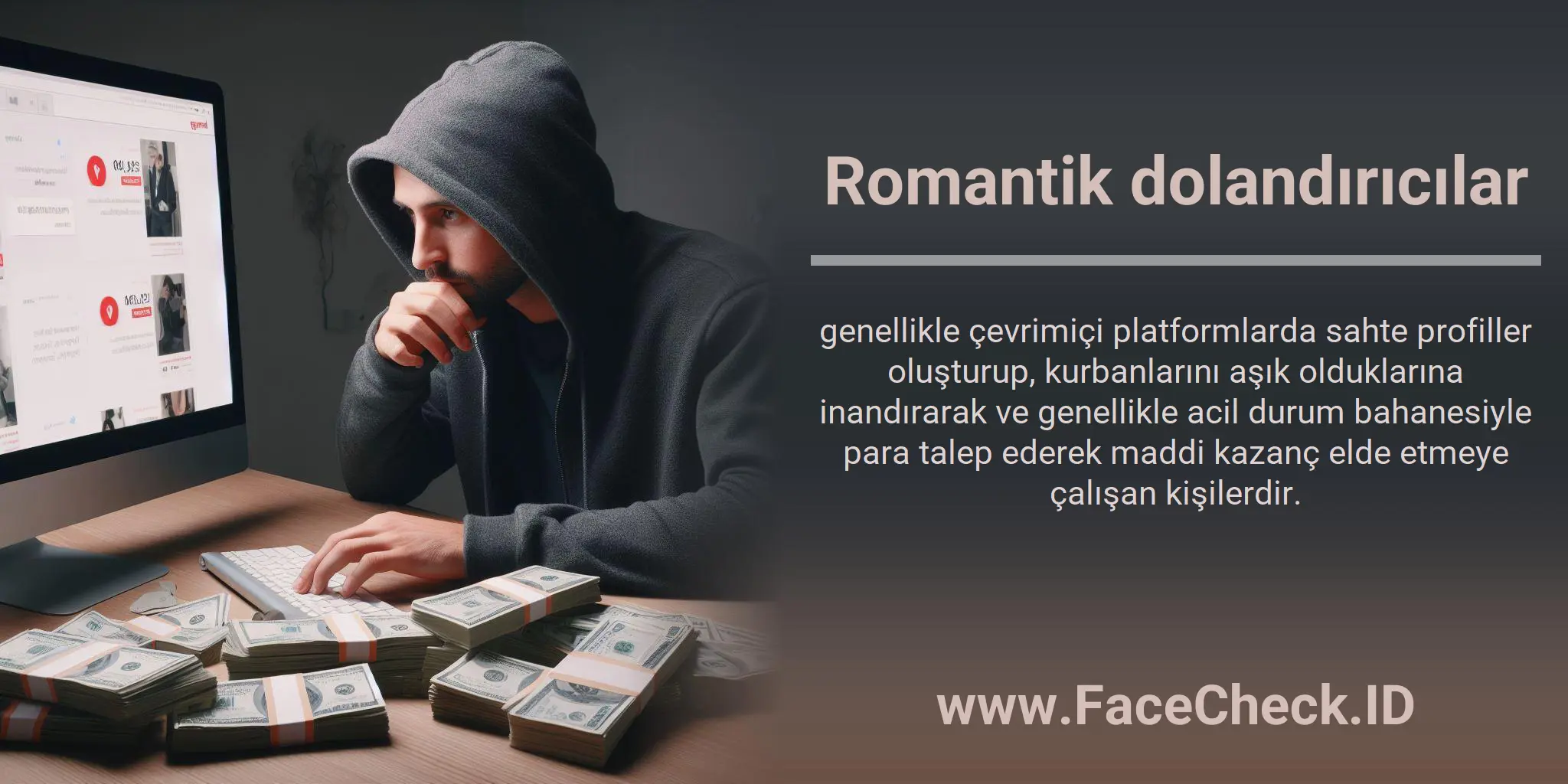 Romantik dolandırıcılar genellikle çevrimiçi platformlarda sahte profiller oluşturup, kurbanlarını aşık olduklarına inandırarak ve genellikle acil durum bahanesiyle para talep ederek maddi kazanç elde etmeye çalışan kişilerdir.