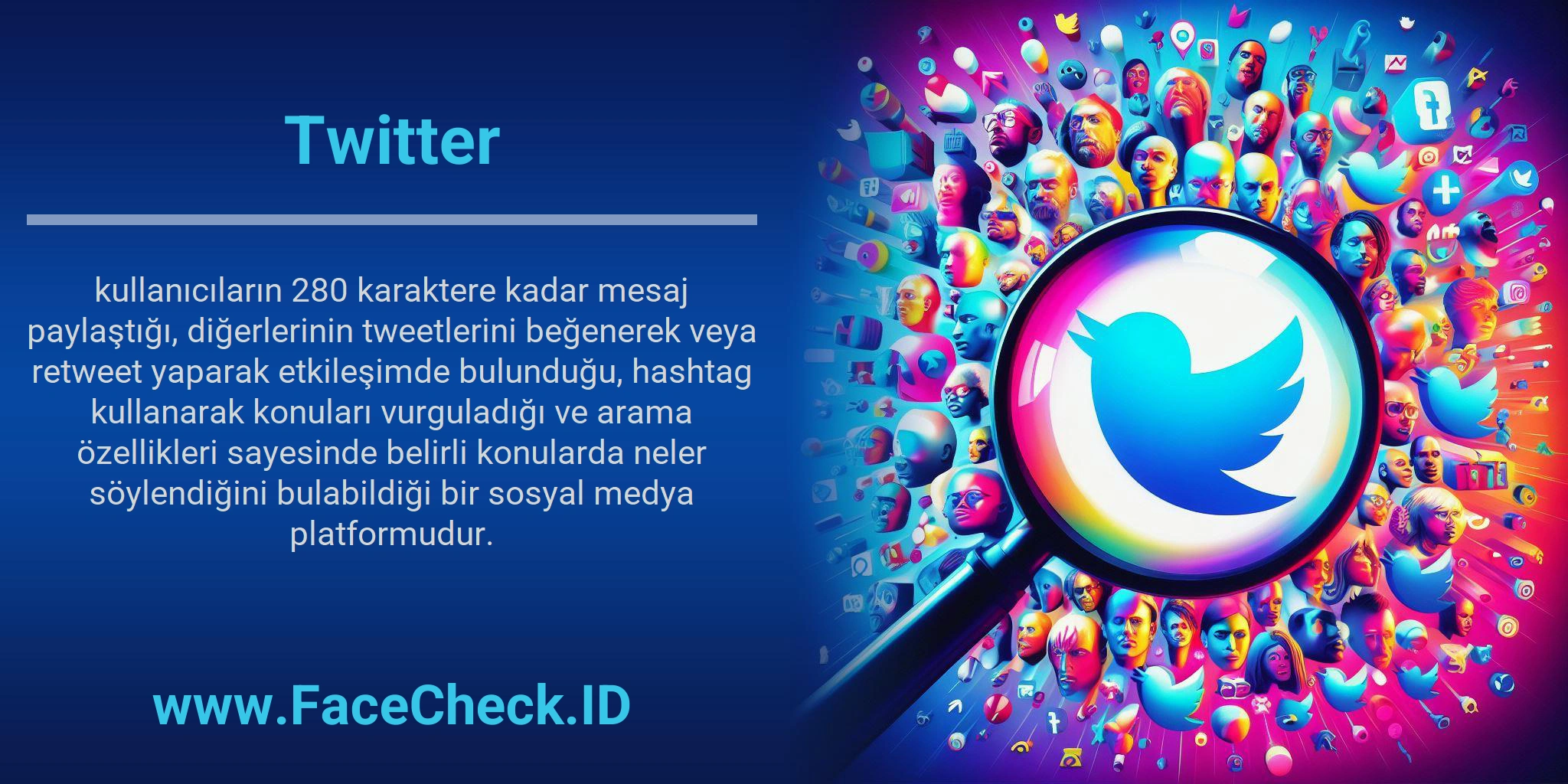 Twitter kullanıcıların 280 karaktere kadar mesaj paylaştığı, diğerlerinin tweetlerini beğenerek veya retweet yaparak etkileşimde bulunduğu, hashtag kullanarak konuları vurguladığı ve arama özellikleri sayesinde belirli konularda neler söylendiğini bulabildiği bir sosyal medya platformudur.
