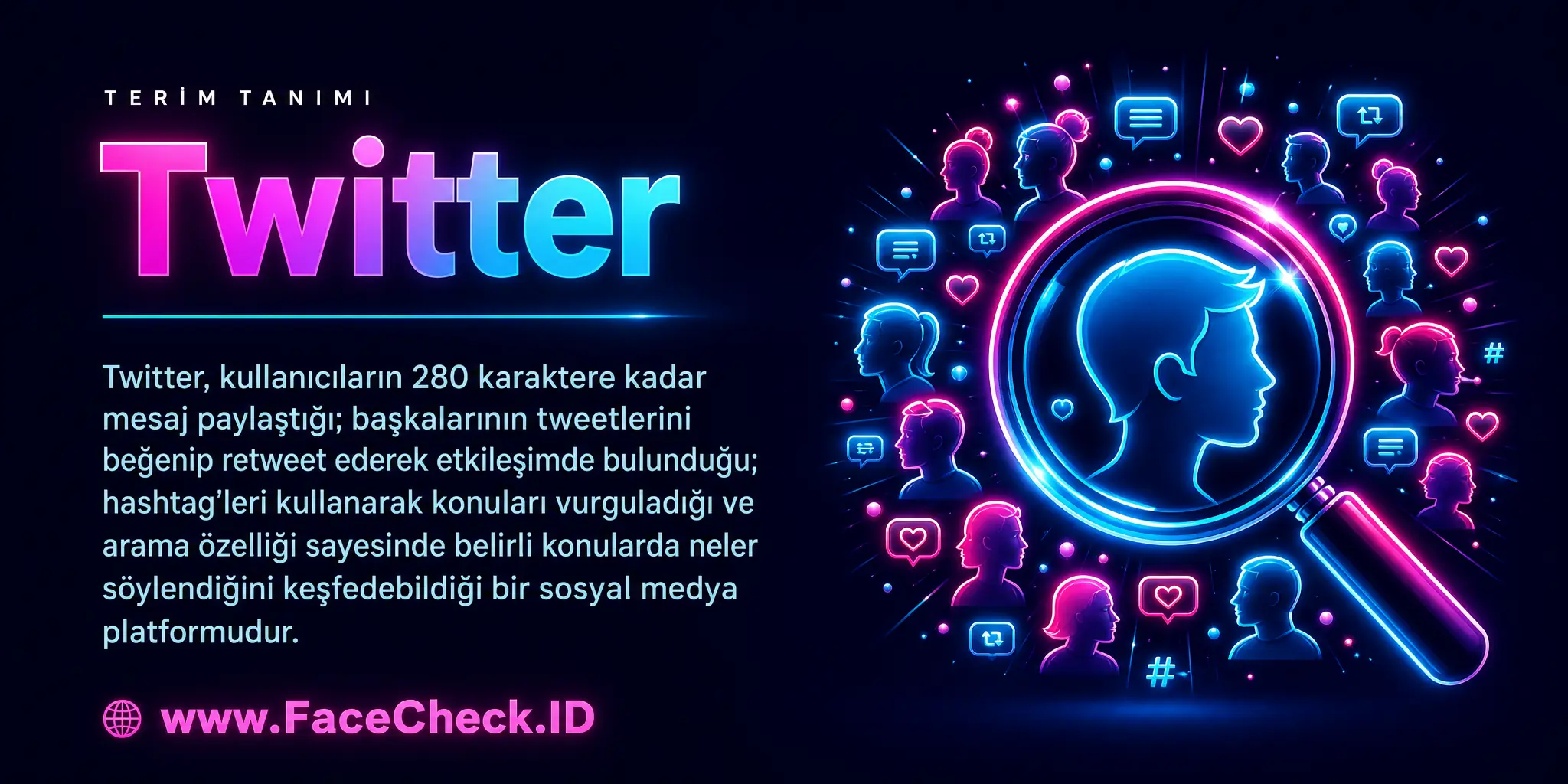 Twitter kullanıcıların 280 karaktere kadar mesaj paylaştığı, diğerlerinin tweetlerini beğenerek veya retweet yaparak etkileşimde bulunduğu, hashtag kullanarak konuları vurguladığı ve arama özellikleri sayesinde belirli konularda neler söylendiğini bulabildiği bir sosyal medya platformudur.