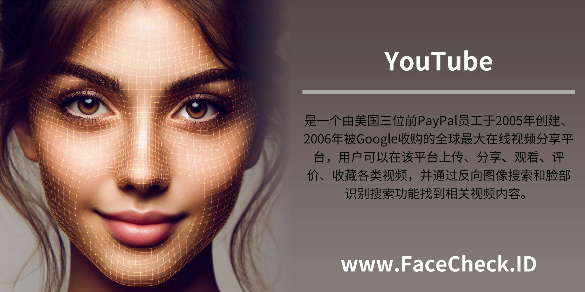 YouTube是一个由美国三位前PayPal员工于2005年创建、2006年被Google收购的全球最大在线视频分享平台，用户可以在该平台上传、分享、观看、评价、收藏各类视频，并通过反向图像搜索和脸部识别搜索功能找到相关视频内容。