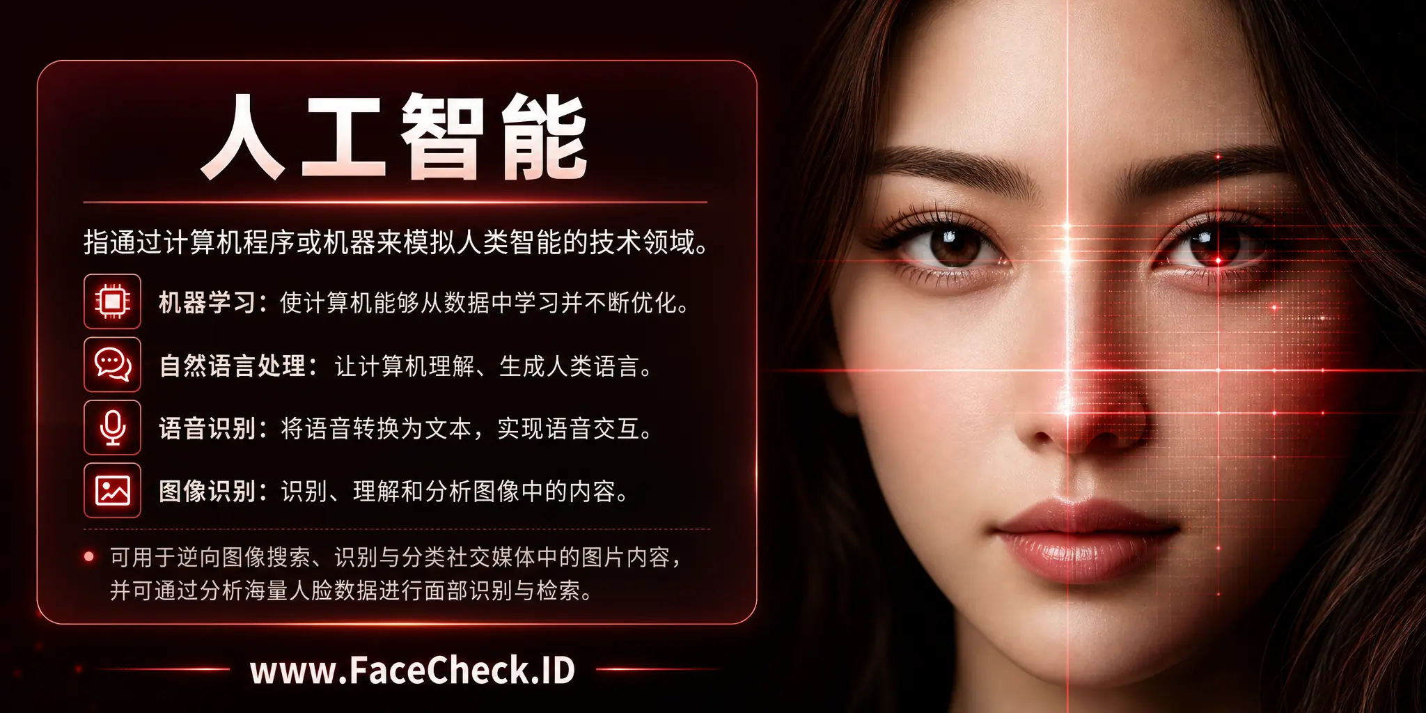 人工智能是指通过计算机程序或机器模拟人类智能的科技领域，包括机器学习、自然语言处理、语音识别、图像识别等子领域，可用于逆向图像搜索、社交媒体中的图片内容识别和分类，以及通过分析大量面部数据来进行面部识别搜索。