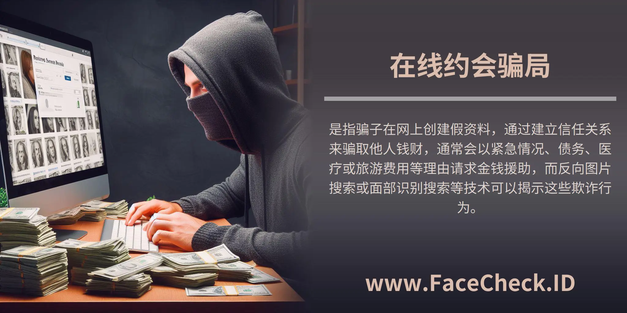 在线约会骗局是指骗子在网上创建假资料，通过建立信任关系来骗取他人钱财，通常会以紧急情况、债务、医疗或旅游费用等理由请求金钱援助，而反向图片搜索或面部识别搜索等技术可以揭示这些欺诈行为。