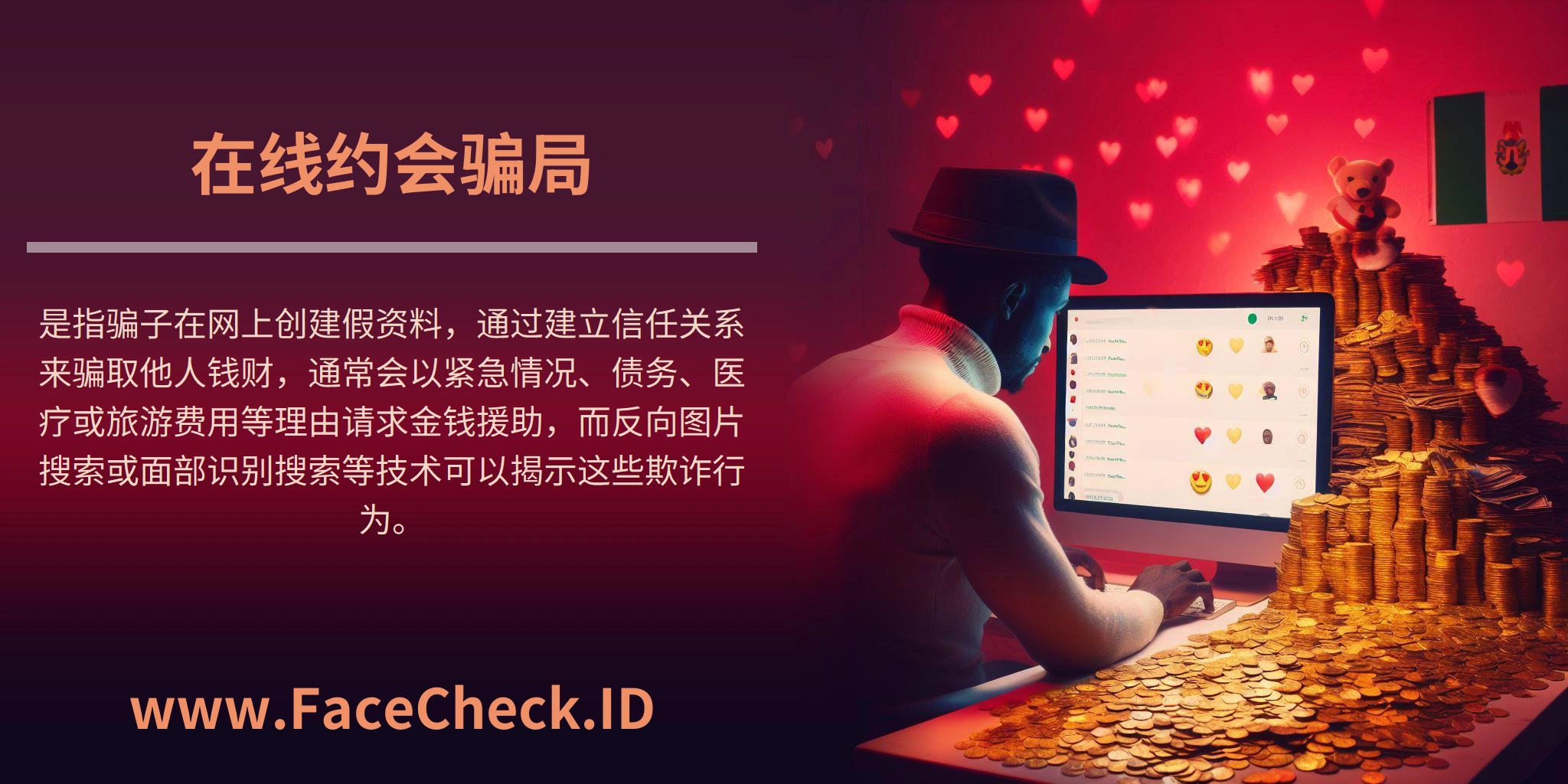 在线约会骗局是指骗子在网上创建假资料，通过建立信任关系来骗取他人钱财，通常会以紧急情况、债务、医疗或旅游费用等理由请求金钱援助，而反向图片搜索或面部识别搜索等技术可以揭示这些欺诈行为。