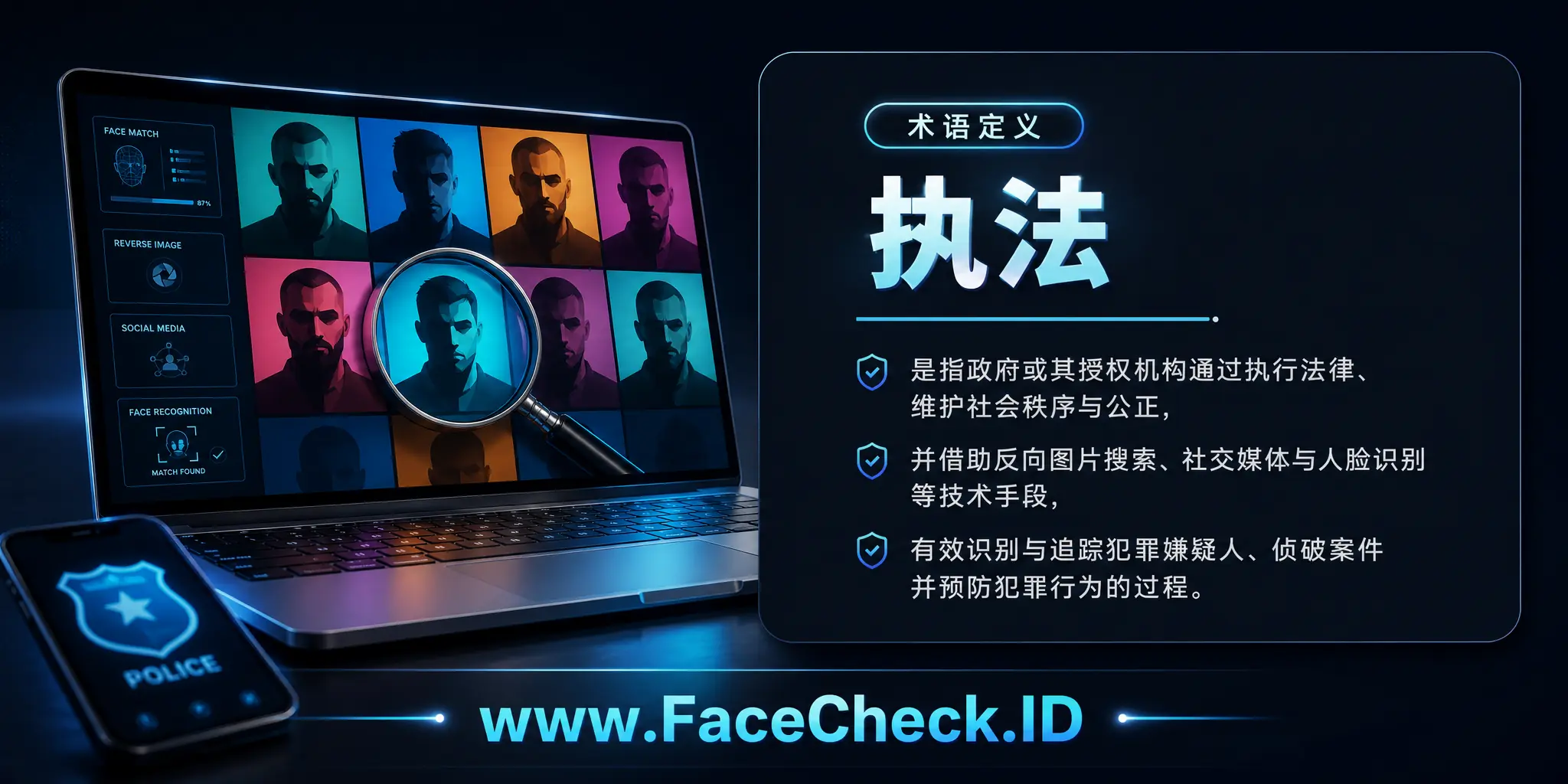 执法是指政府或其授权机构通过执行法律、维护社会秩序和公正，以及利用反向图片搜索、社交媒体和面部识别搜索等技术手段，来有效识别和追踪犯罪嫌疑人、解决案件和预防犯罪行为的过程。