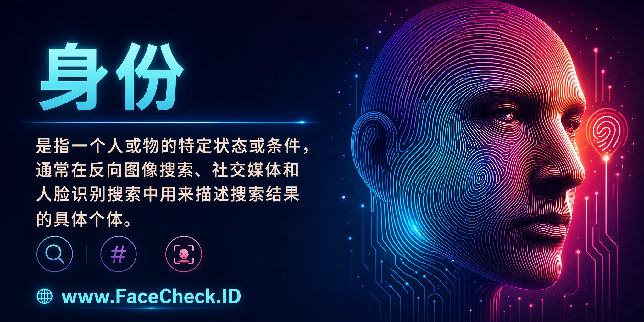 身份是指一个人或物的特定状态或条件，通常在反向图像搜索、社交媒体和人脸识别搜索中用来描述搜索结果的具体个体。