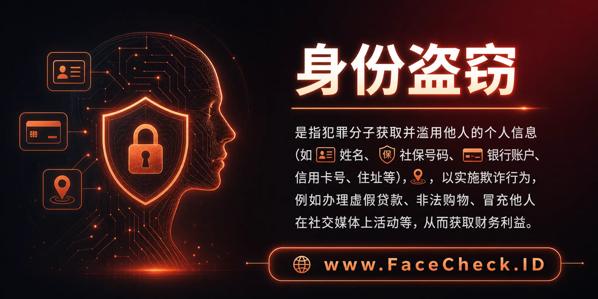 身份盗窃是指犯罪分子获取并利用他人个人信息（如全名、社保号码、银行账户、信用卡号、住址等）进行诈骗，如开设欺诈信贷、非法购物、冒充他人身份在社交媒体上活动等，以获取财务利益。
