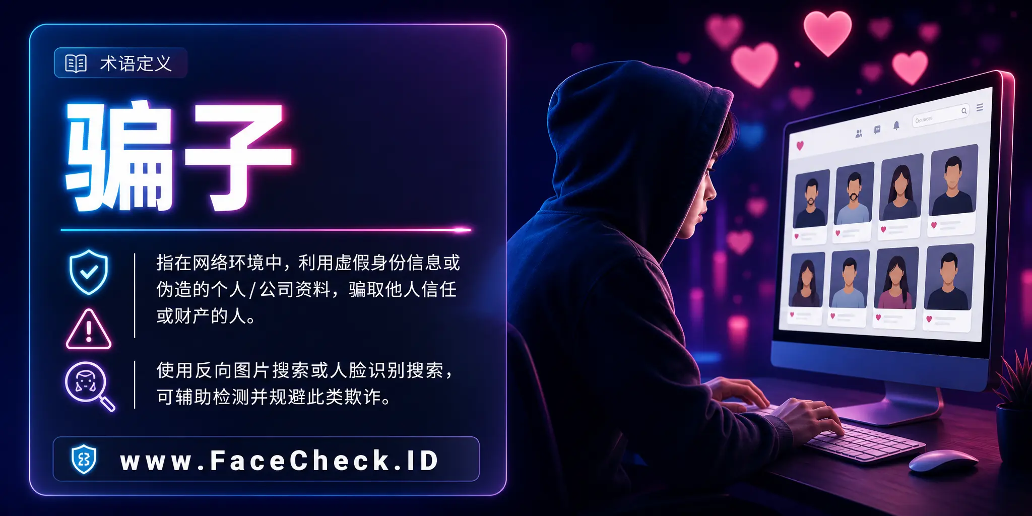 骗子是指那些利用虚假身份信息或创建假的个人或公司资料在网络环境中欺骗他人信任或财产的人，而反向图像搜索或面部识别搜索可以帮助检测和避免这种欺诈行为。