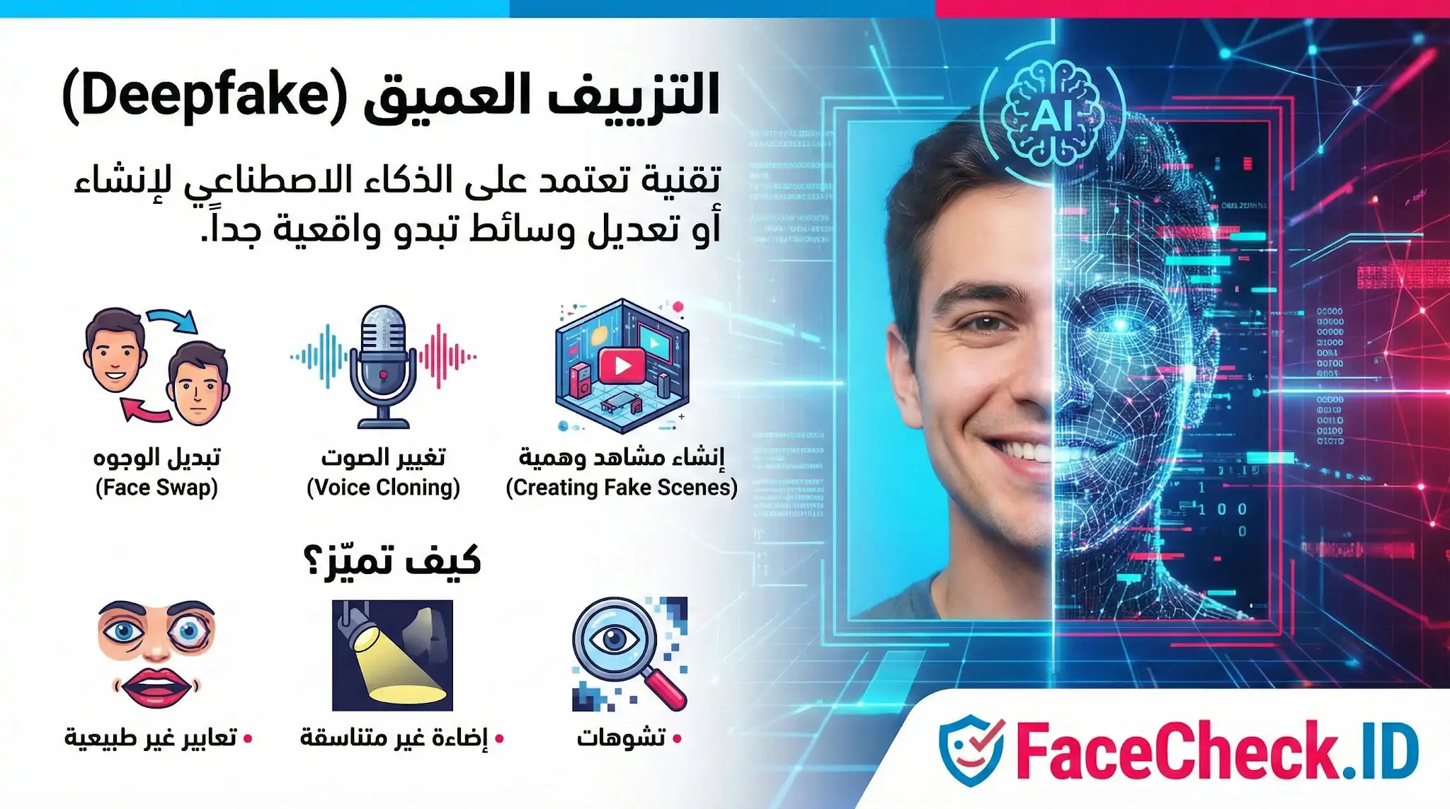 إنفوجرافيك يشرح التزييف العميق Deepfake، وكيفية استخدام الذكاء الاصطناعي لتغيير الوجوه والأصوات، مع نصائح لكشف التلاعب مثل الإضاءة غير المتناسقة.