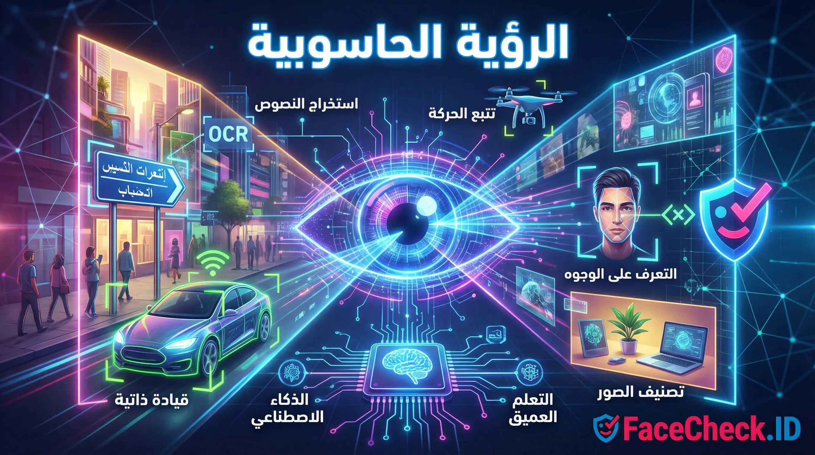 إنفوجرافيك يوضح تطبيقات الرؤية الحاسوبية مثل استخراج النصوص OCR، تتبع الحركة، التعرف على الوجوه، القيادة الذاتية، وتصنيف الصور باستخدام الذكاء الاصطناعي.