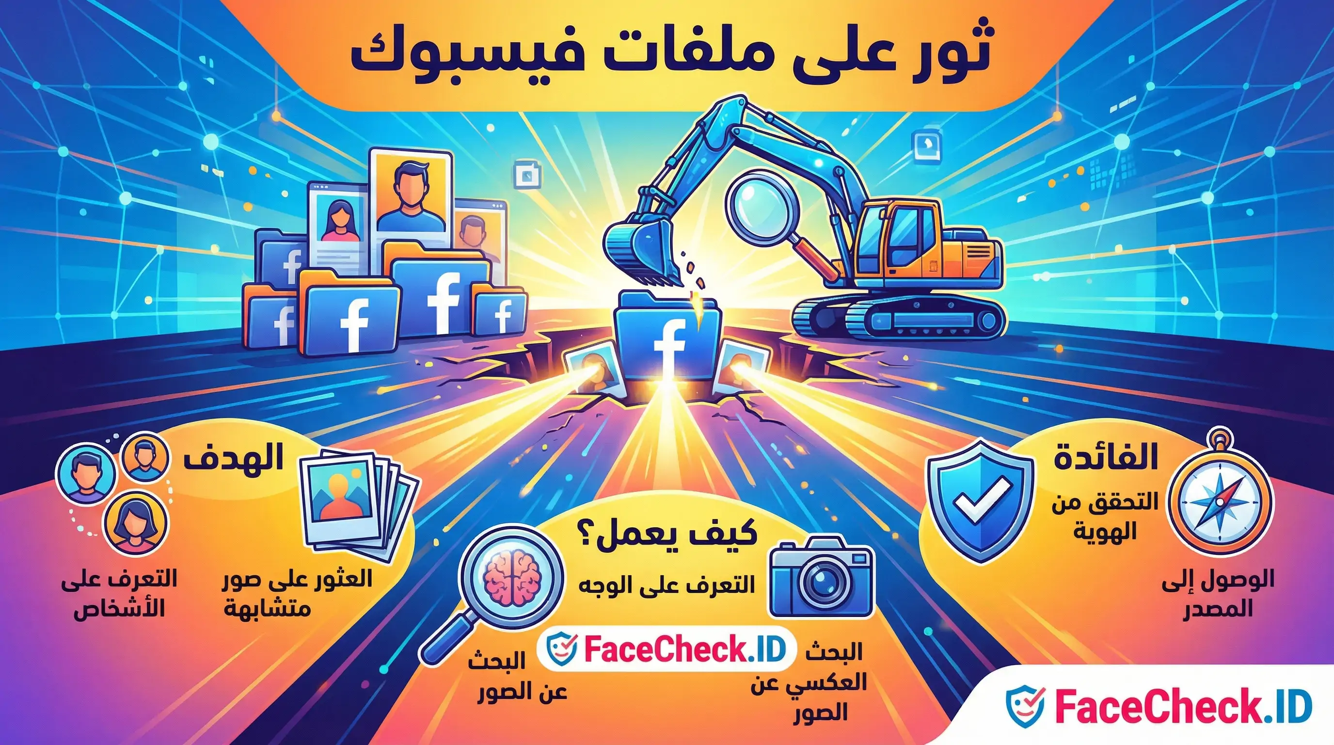رسم توضيحي لخدمة FaceCheck.ID التي تساعدك أن تعثر على ملفات فيسبوك باستخدام الصور الشخصية، مع شرح لآلية عمل تقنية التعرف على الوجه والتحقق من الهوية.
