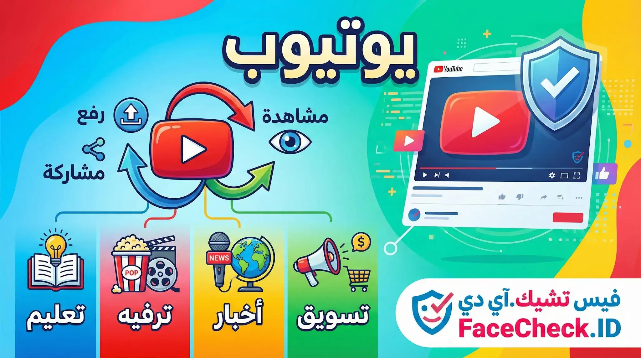 رسم توضيحي يُلخص خصائص منصة يوتيوب، يشمل خيارات الرفع، المشاهدة، والمشاركة، مع تصنيفات للمحتوى مثل التعليم، الترفيه، الأخبار، والتسويق بأسلوب مبسط.