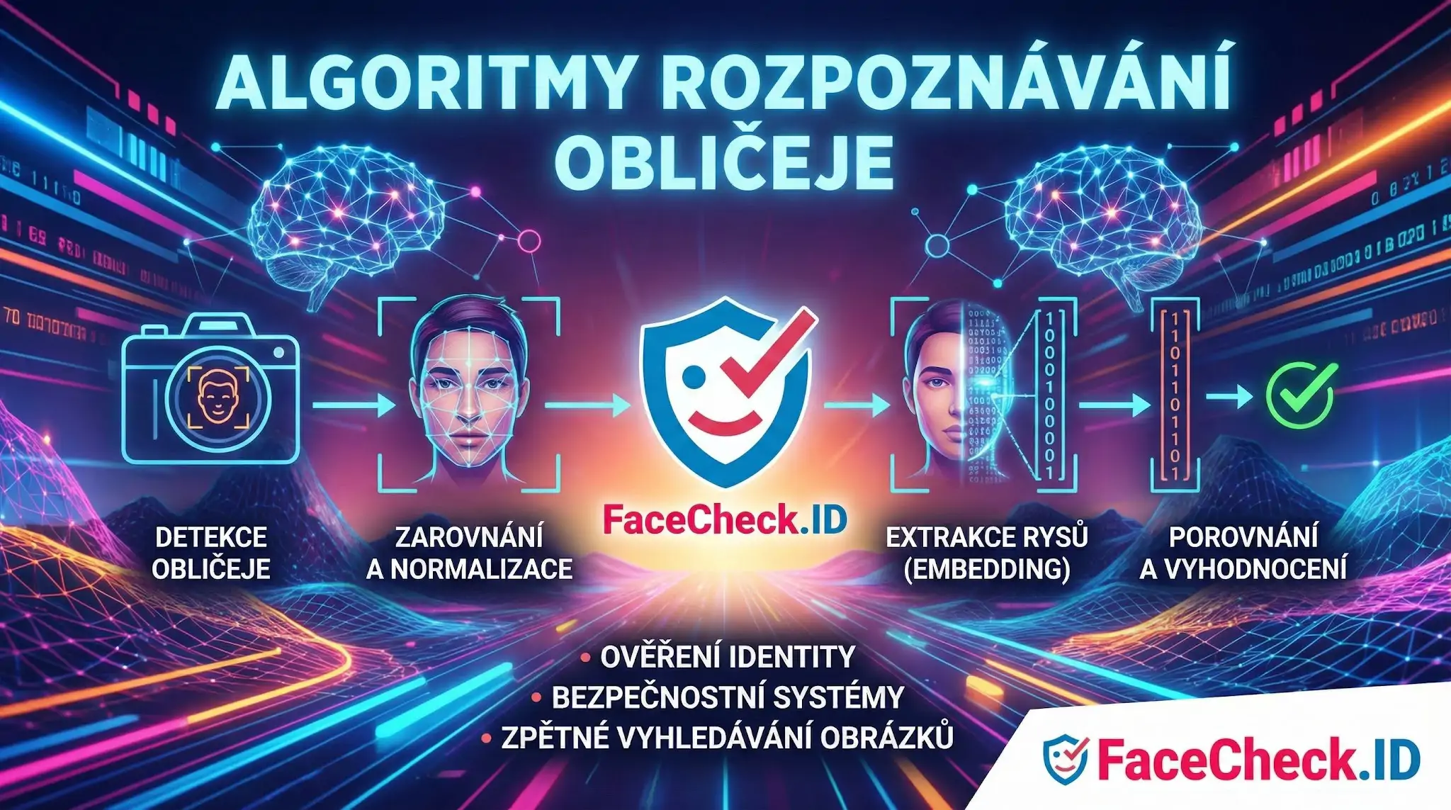 Algoritmy Rozpoznávání Obličeje Infografika FaceCheck.ID vysvětlující algoritmy rozpoznávání obličeje v krocích detekce, zarovnání, extrakce rysů a vyhodnocení.