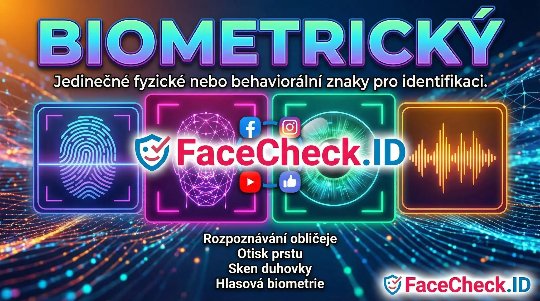Grafika vysvětlující pojem biometrický s ikonami pro otisk prstu, rozpoznávání obličeje, sken duhovky a hlasovou biometrii.