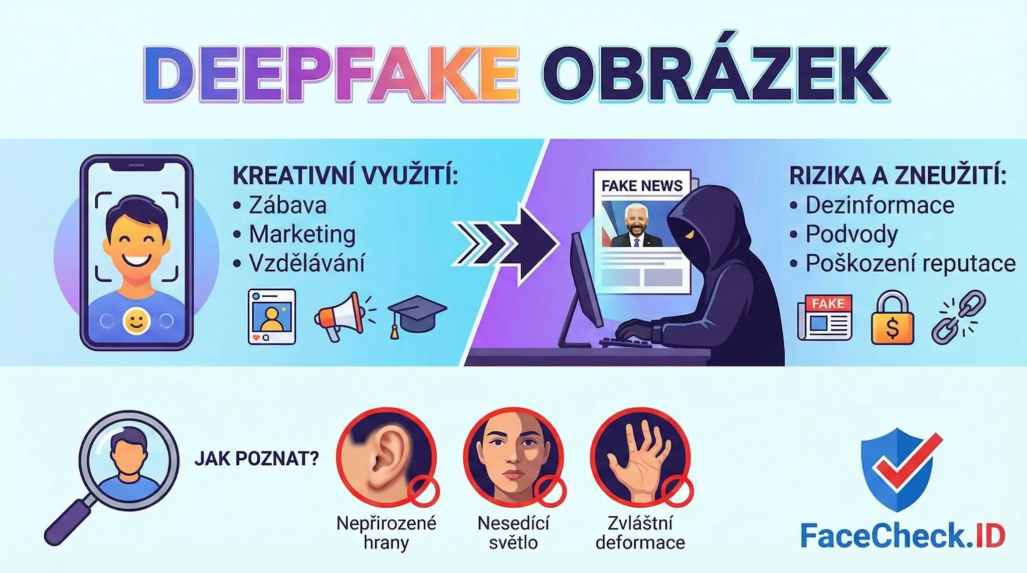 Infografika vysvětlující, co je Deepfake obrázek, jeho rizika i kreativní využití, a ukazující znaky pro odhalení, jako jsou divné uši či deformace.