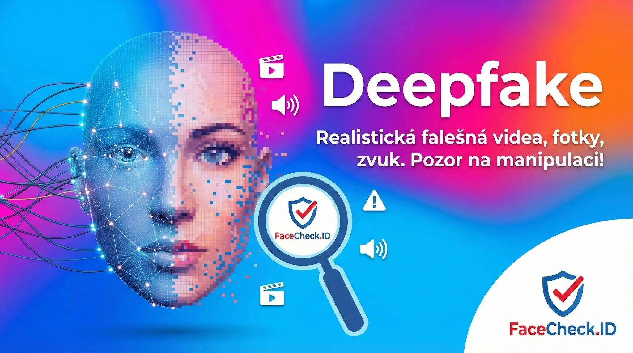 Grafika varující před deepfake zobrazuje napůl umělou, napůl lidskou tvář. Text uvádí: Realistická falešná videa, fotky, zvuk. Pozor na manipulaci! Logo FaceCheck.ID.