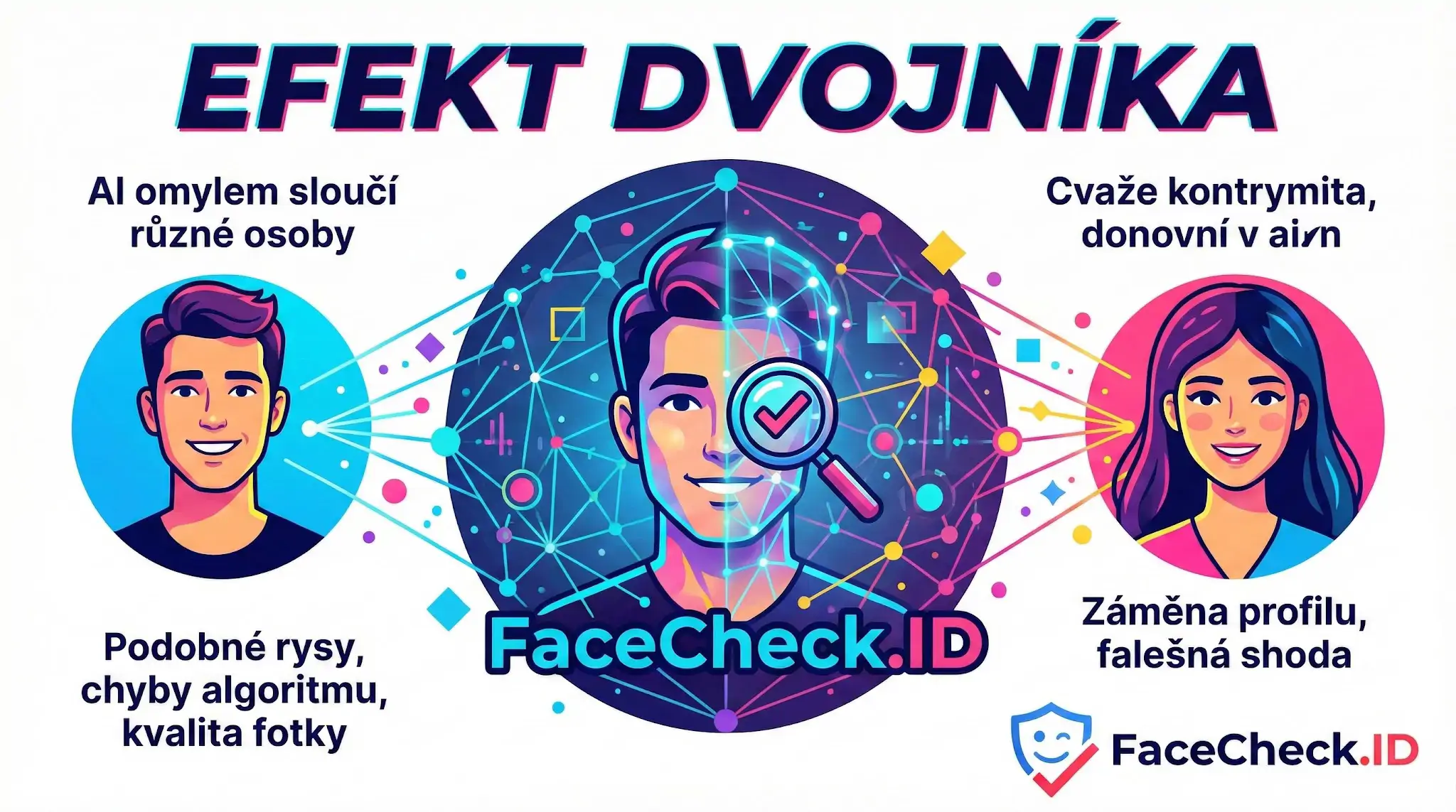 Efekt dvojníka: Jak AI a FaceCheck.ID mohou omylem sloučit různé osoby při hledání shody tváří.