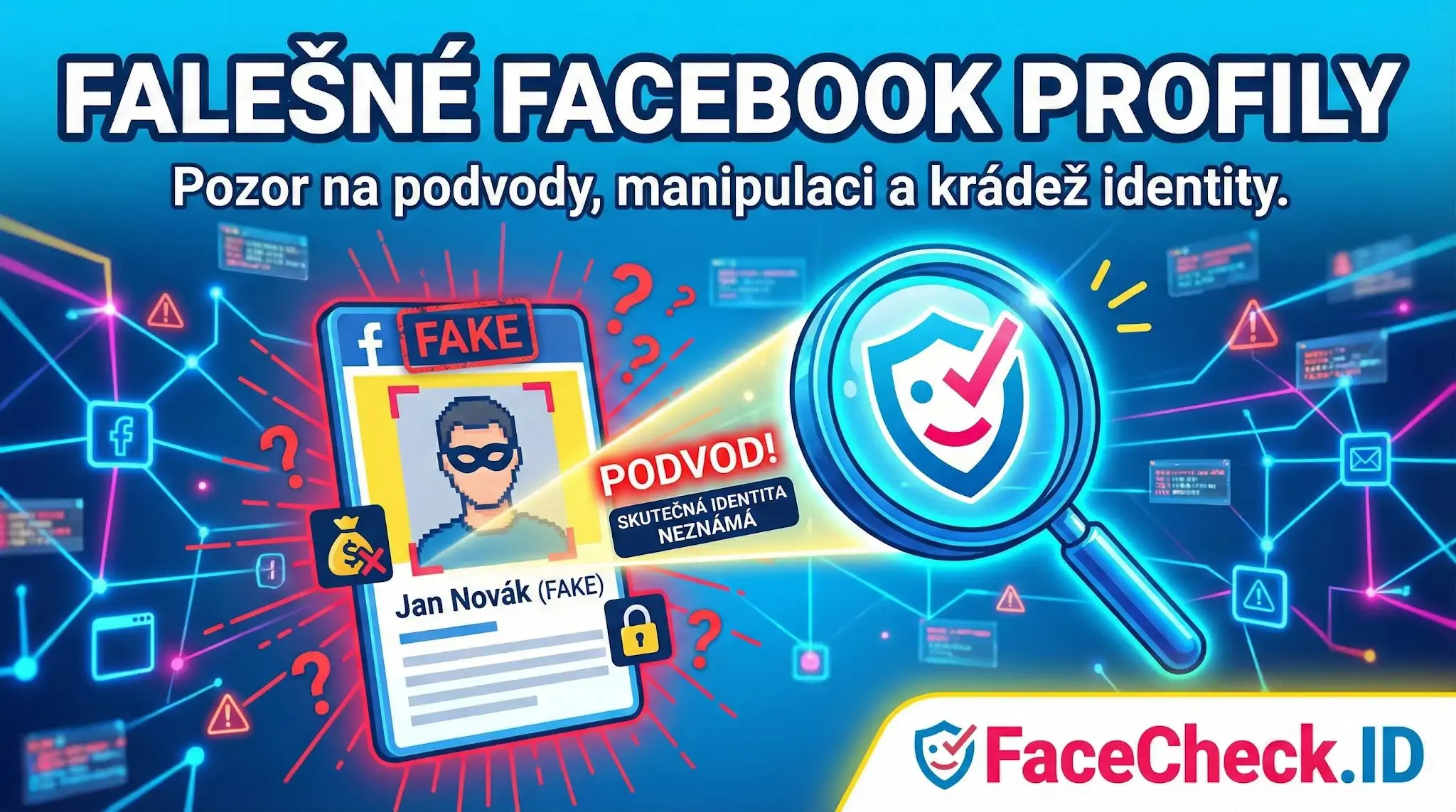 Falešné Facebook Profily Infografika varující před nebezpečím, které představují falešné Facebook profily, podvody a krádež identity pomocí nástroje Facecheck.ID.