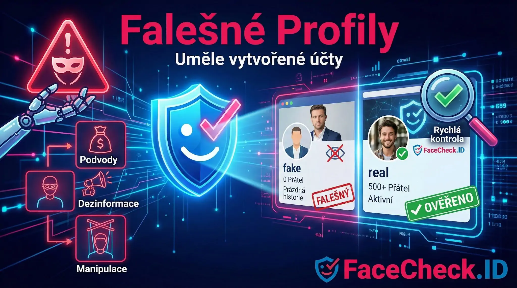 Falešné Profily Infografika varující před falešnými profily, ukazuje rizika podvodů, dezinformací a manipulace s porovnáním falešného a ověřeného účtu pomocí FaceCheck.ID.
