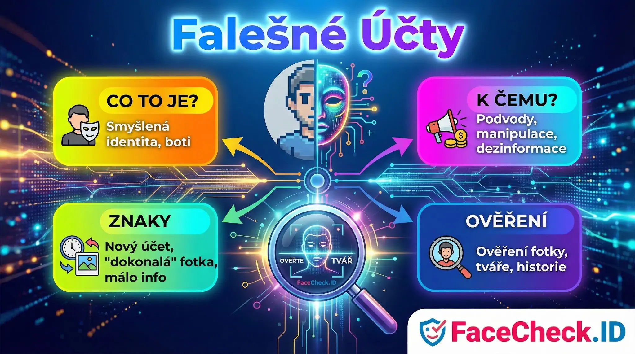 Falešné Účty Infografika Falešné účty vysvětluje jejich znaky, účel a ověření identity pomocí FaceCheck.ID.