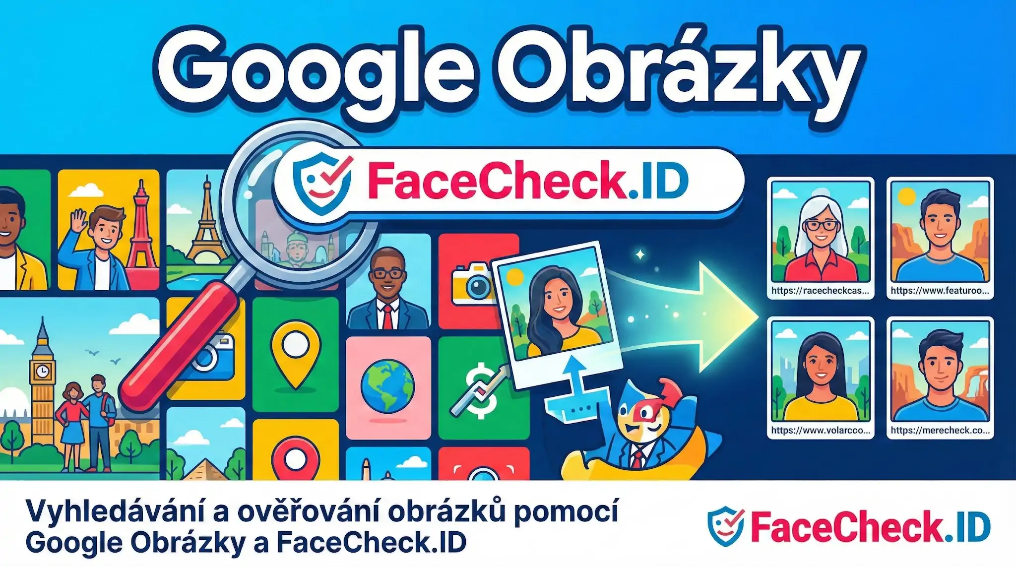 Google Obrázky Lupa prohledává mřížku fotografií v nástroji Google Obrázky a šipka ukazuje na ověřené profily lidí v aplikaci FaceCheck.ID.
