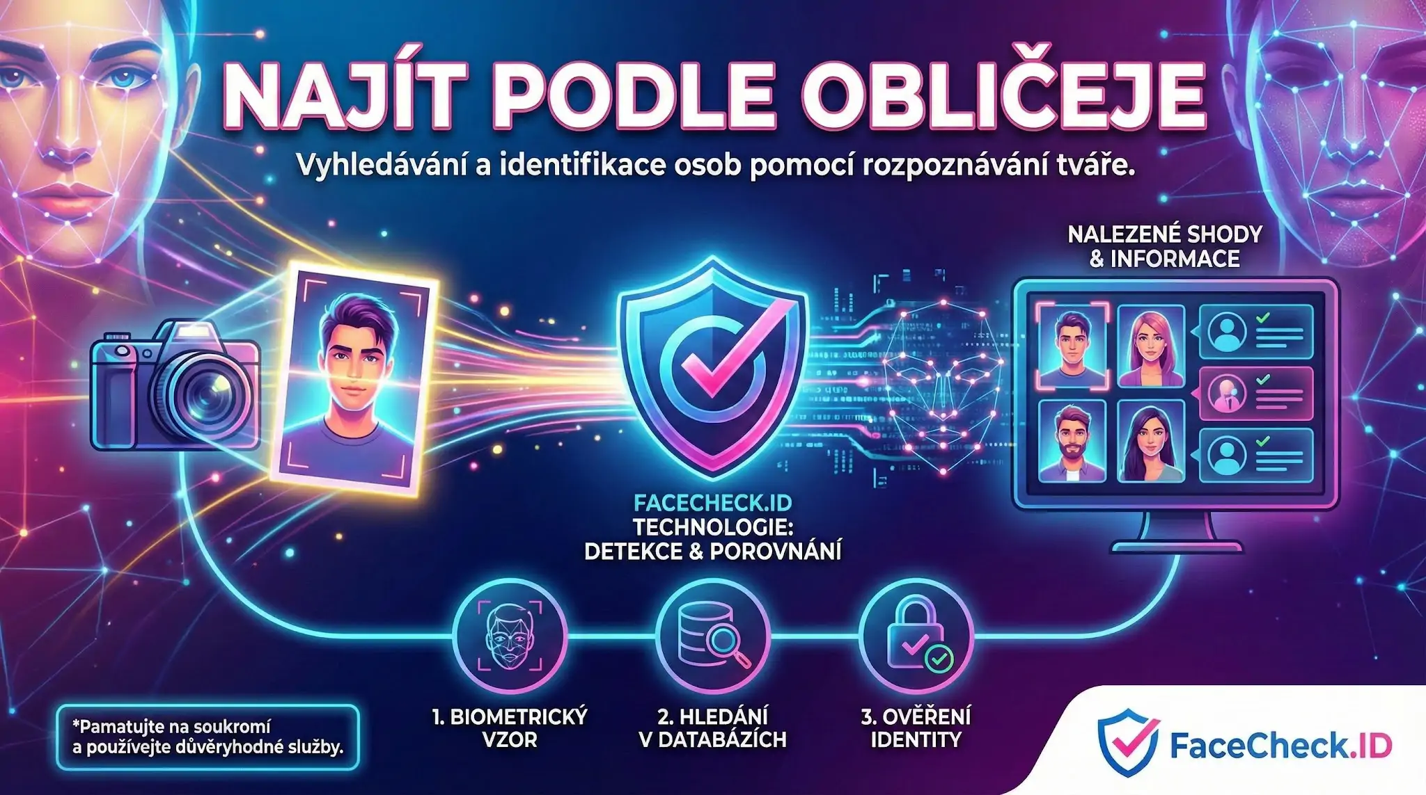 Infografika vysvětlující jak najít podle obličeje pomocí technologie FaceCheck.ID, která skenuje fotku, vytváří biometrický vzor a vyhledává shody v databázích.