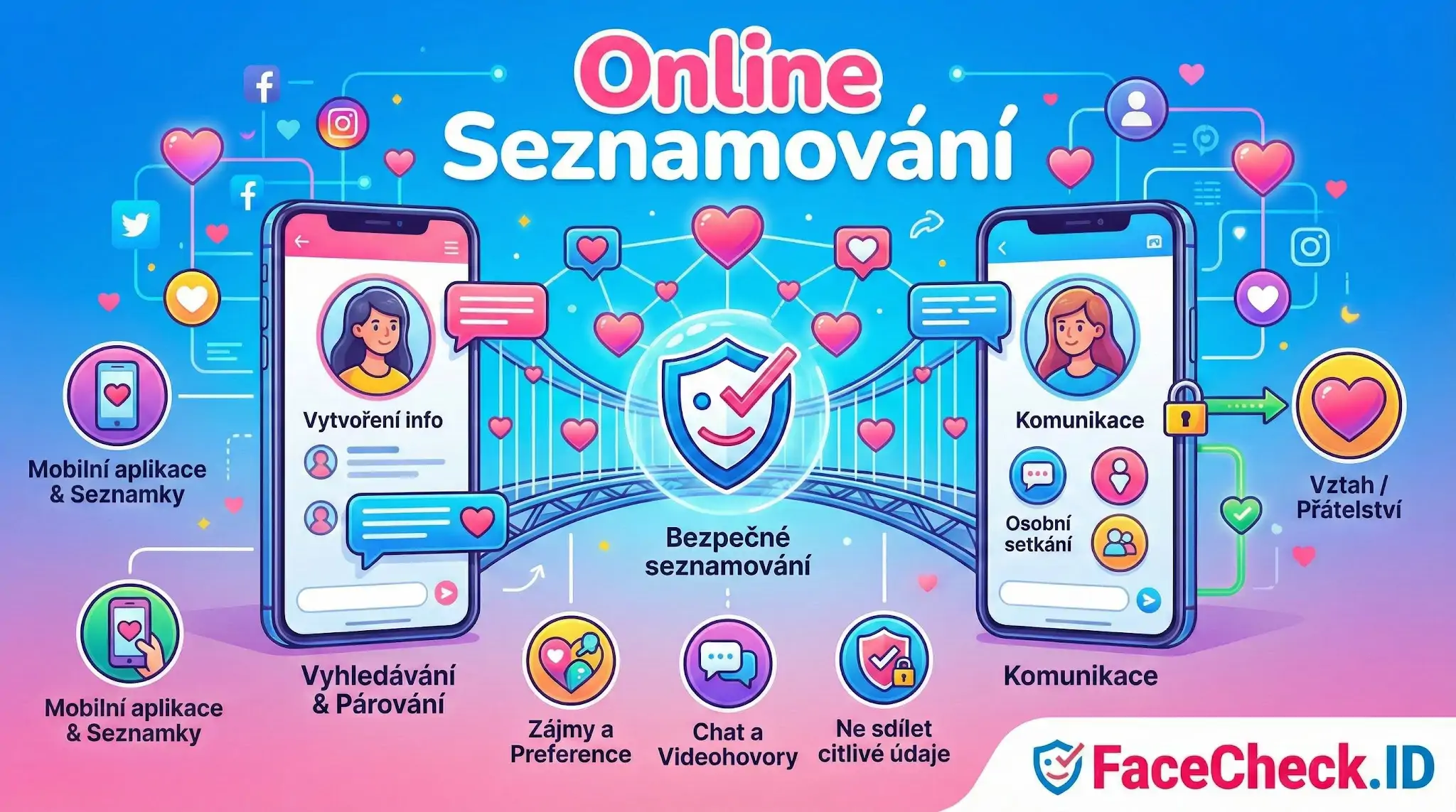 Infografika Online Seznamování zobrazuje proces od vytvoření profilu na mobilu přes chat až po bezpečné rande.