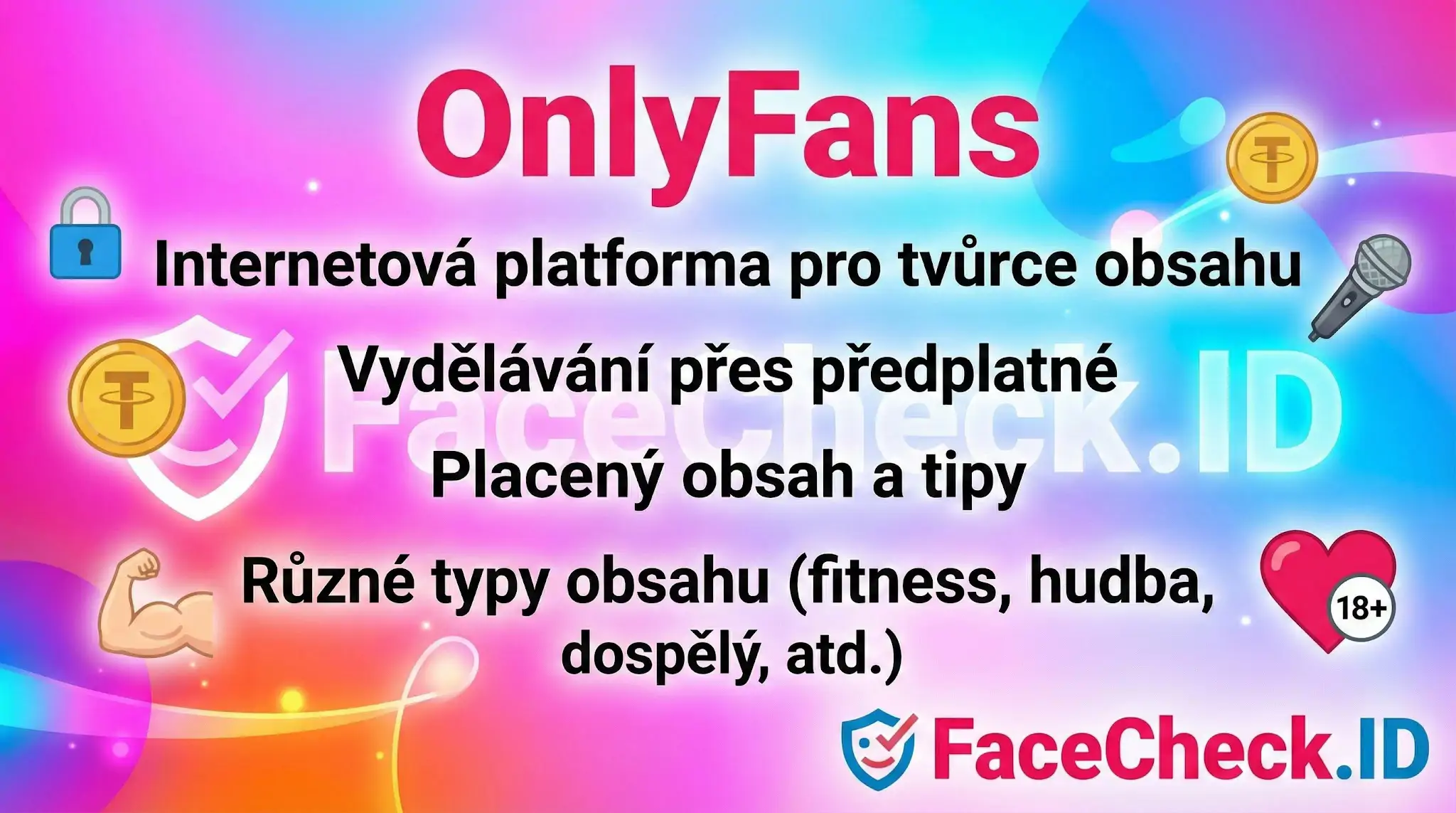 Informační grafika OnlyFans popisující internetovou platformu pro tvůrce obsahu s možností výdělku přes předplatné a placený obsah.
