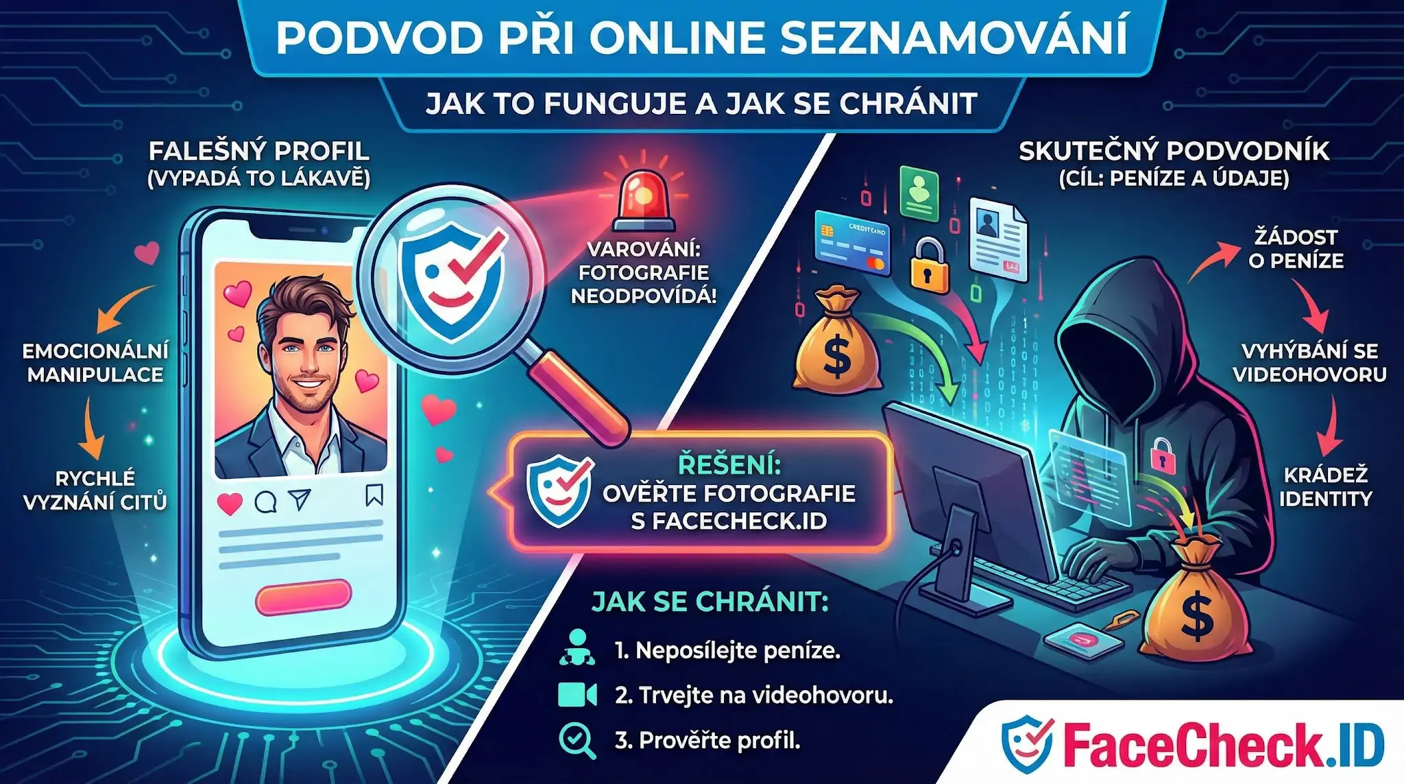 Infografika ukazující podvod při online seznamování: vlevo falešný atraktivní profil na mobilu, vpravo skutečný podvodník u počítače, který krade identitu a žádá o peníze.