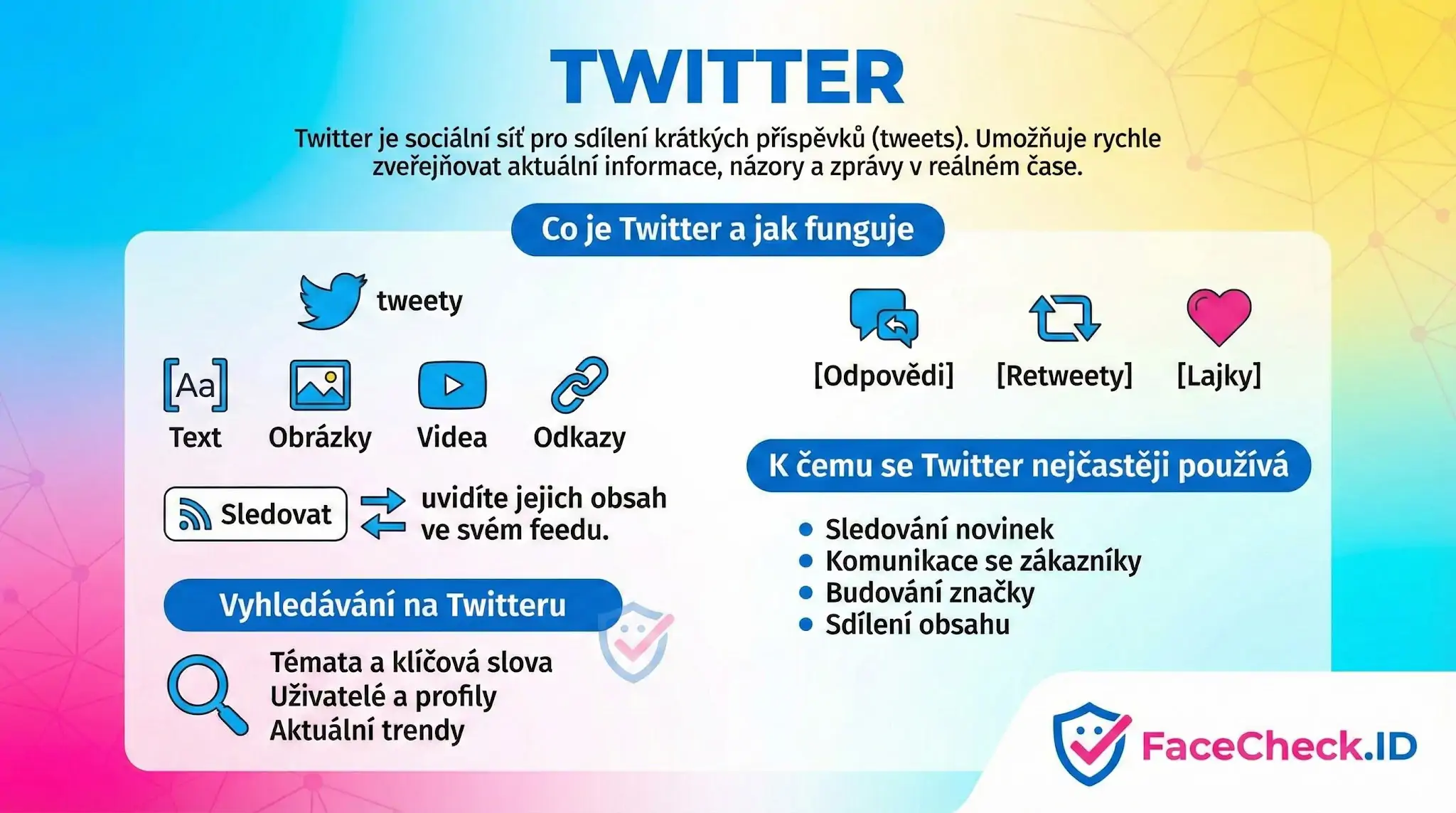 Výuková infografika o sociální síti Twitter: vysvětluje tweety, sdílení textu, obrázků a videí, funkce jako sledování, retweety, lajky a vyhledávání témat.