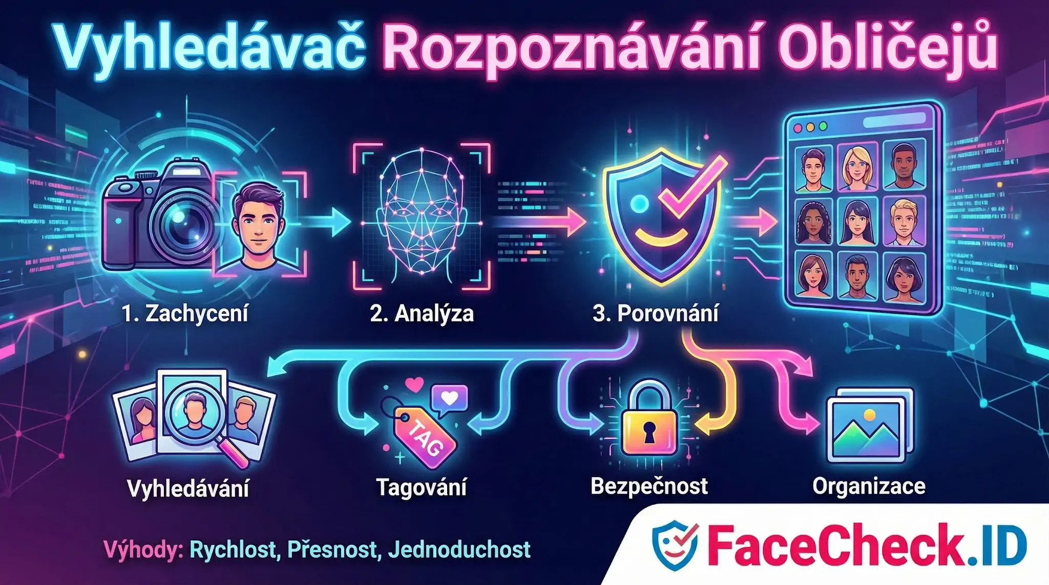 Vyhledávač Rozpoznávání Obličejů Infografika Vyhledávač Rozpoznávání Obličejů zobrazující procesy zachycení, analýzy a porovnání tváře s funkcemi jako vyhledávání a tagování od FaceCheck.ID.