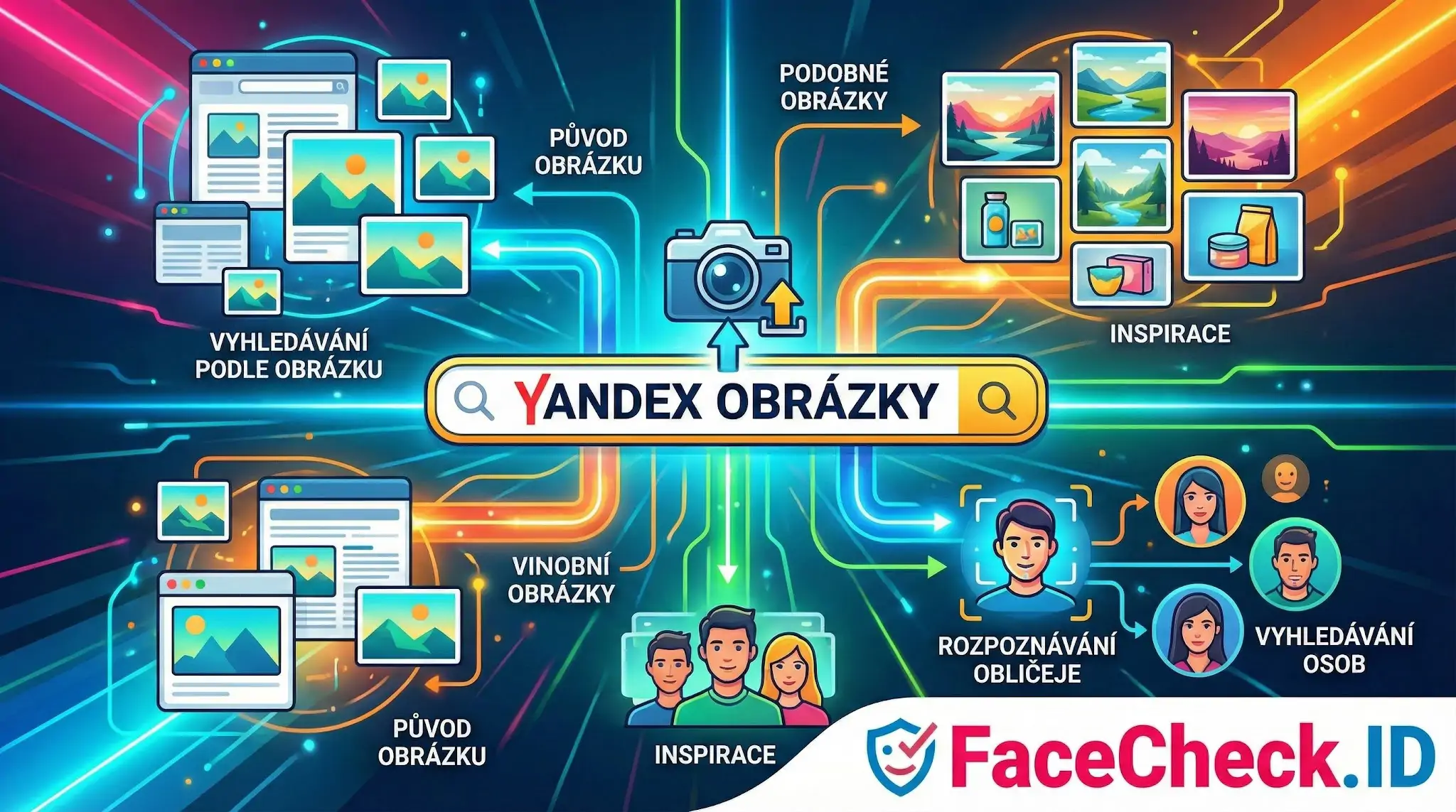 Schéma funkcí Yandex Obrázky: vyhledávání podle obrázku, inspirace, podobné fotky a rozpoznávání osob pomocí systémů jako FaceCheck.ID.