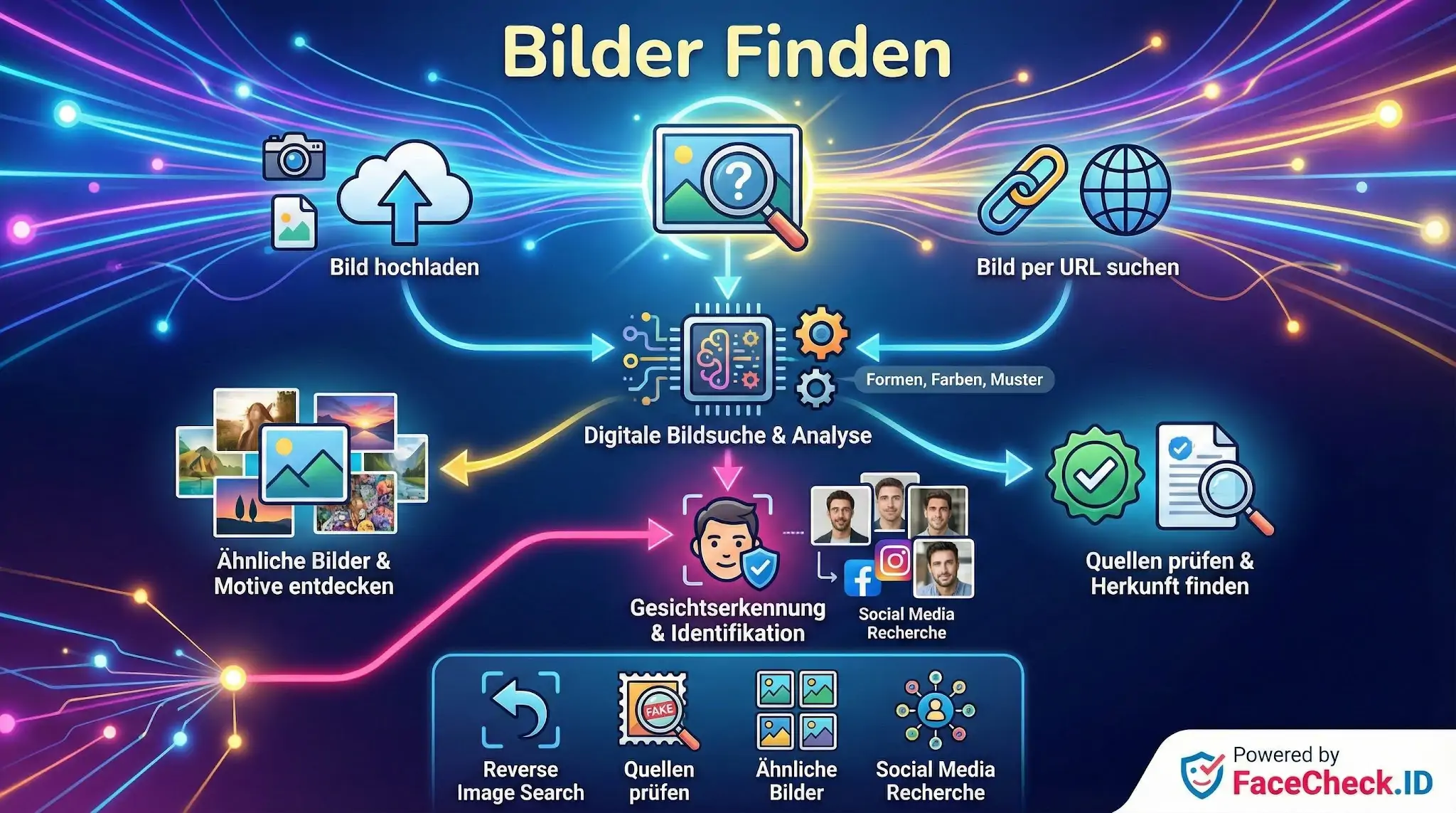 Bilder Finden Infografik zur Option ‚Bilder finden‘: Zeigt den Prozess vom Hochladen über die Analyse bis zur Rückwärtssuche und Identifikation.