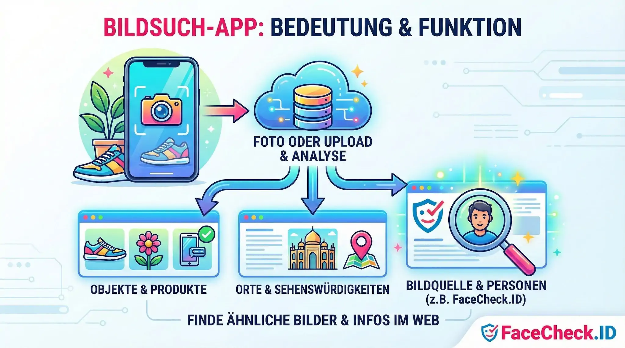 Bildsuch-App Infografik zur Funktion einer Bildsuch-App: Foto-Upload und Analyse führen zu Ergebnissen wie Produkten, Orten oder Personenquellen.