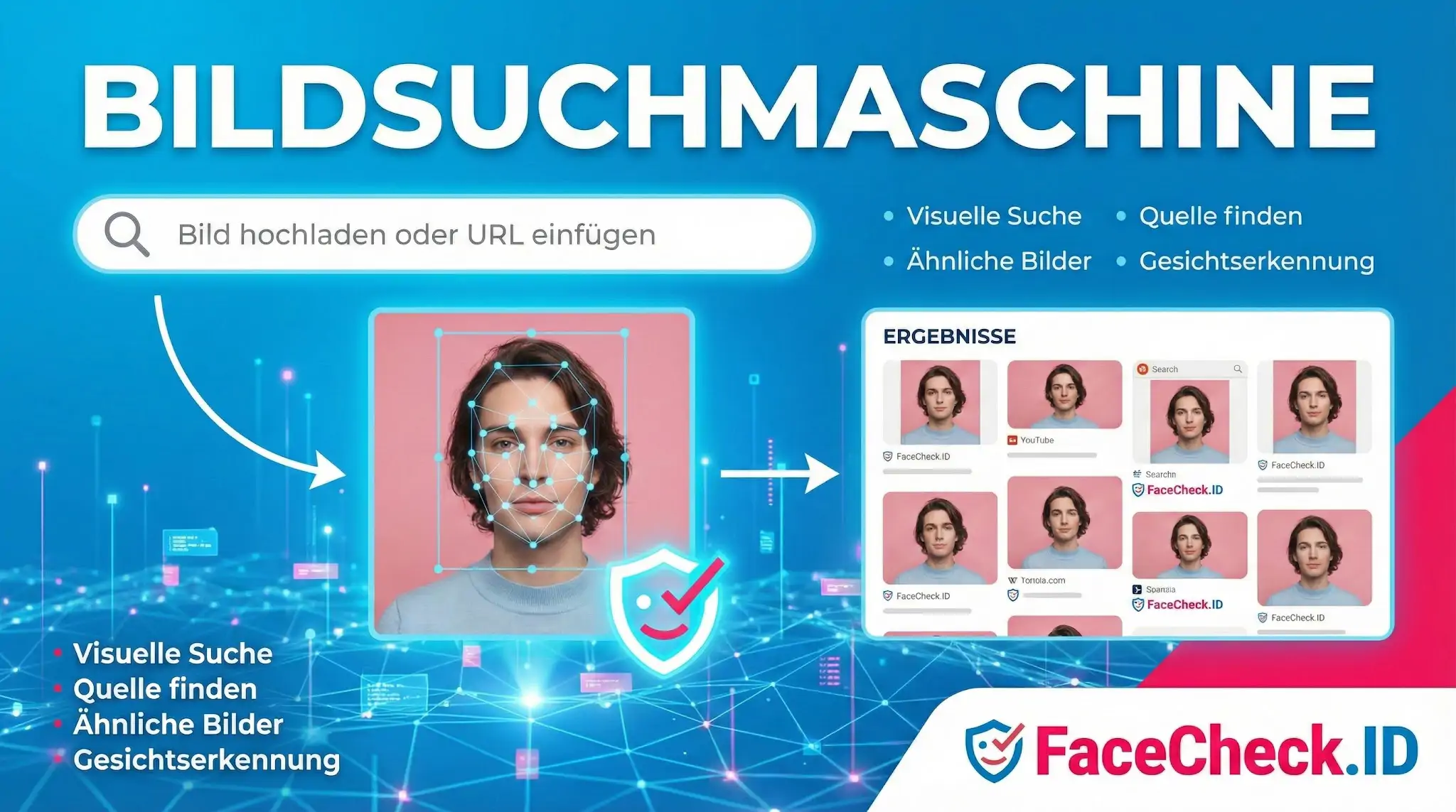 Bildsuchmaschine FaceCheck.ID Bildsuchmaschine zur Gesichtserkennung, zeigt den Prozess vom Foto-Upload bis zu den Suchergebnissen.
