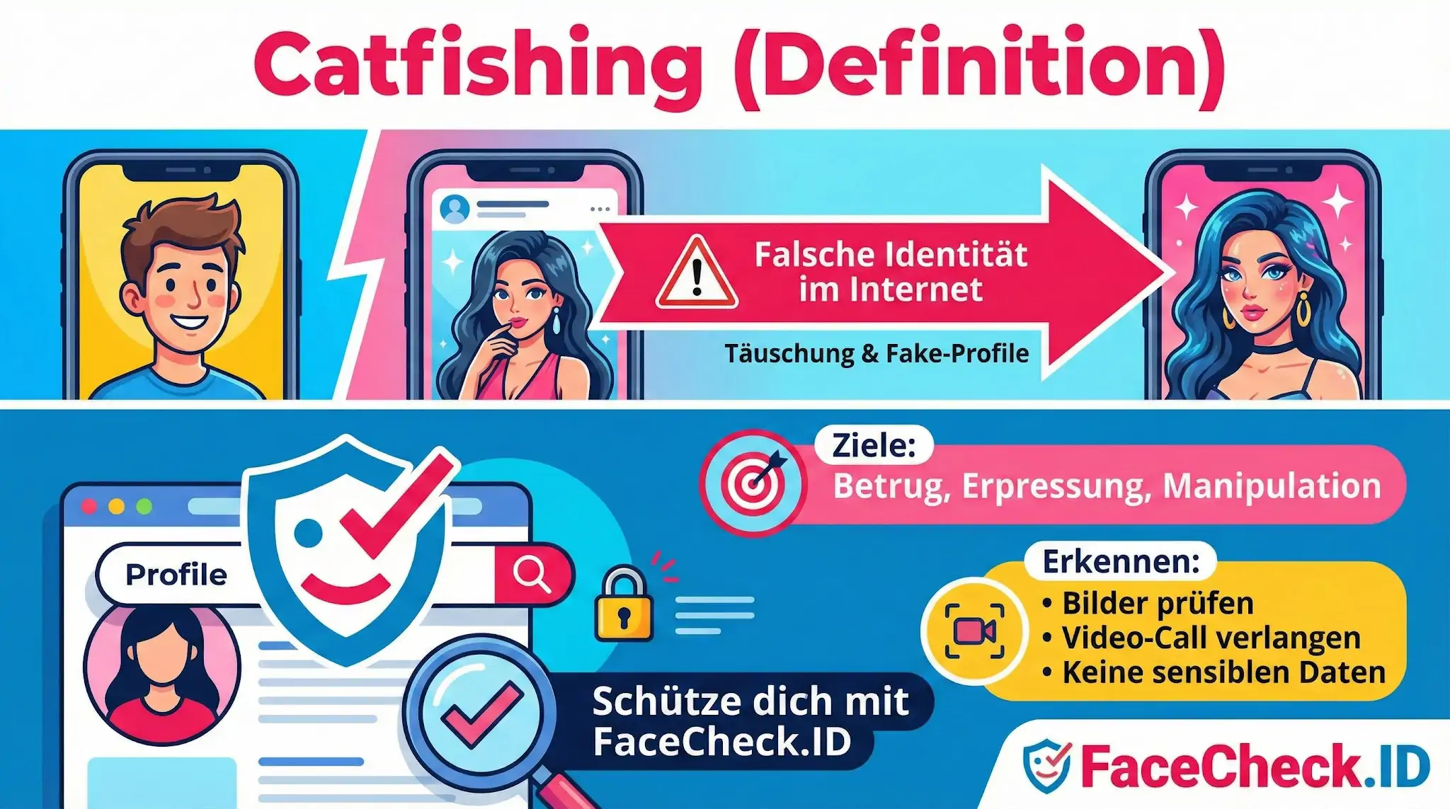 Infografik zu Catfishing: Definition als falsche Identität im Internet, Ziele wie Betrug sowie Tipps zum Erkennen und Schutz vor Fake-Profilen.