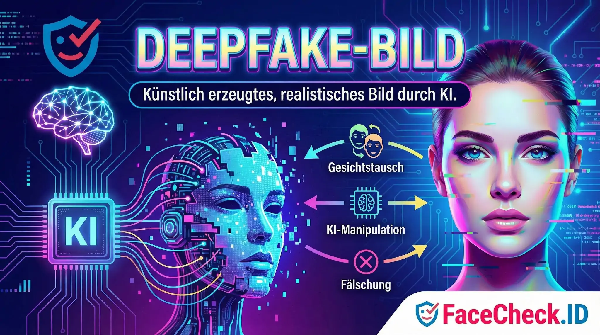Infografik definiert ein Deepfake-Bild als künstlich erzeugtes, realistisches Bild durch KI inklusive Gesichtstausch und Manipulation.