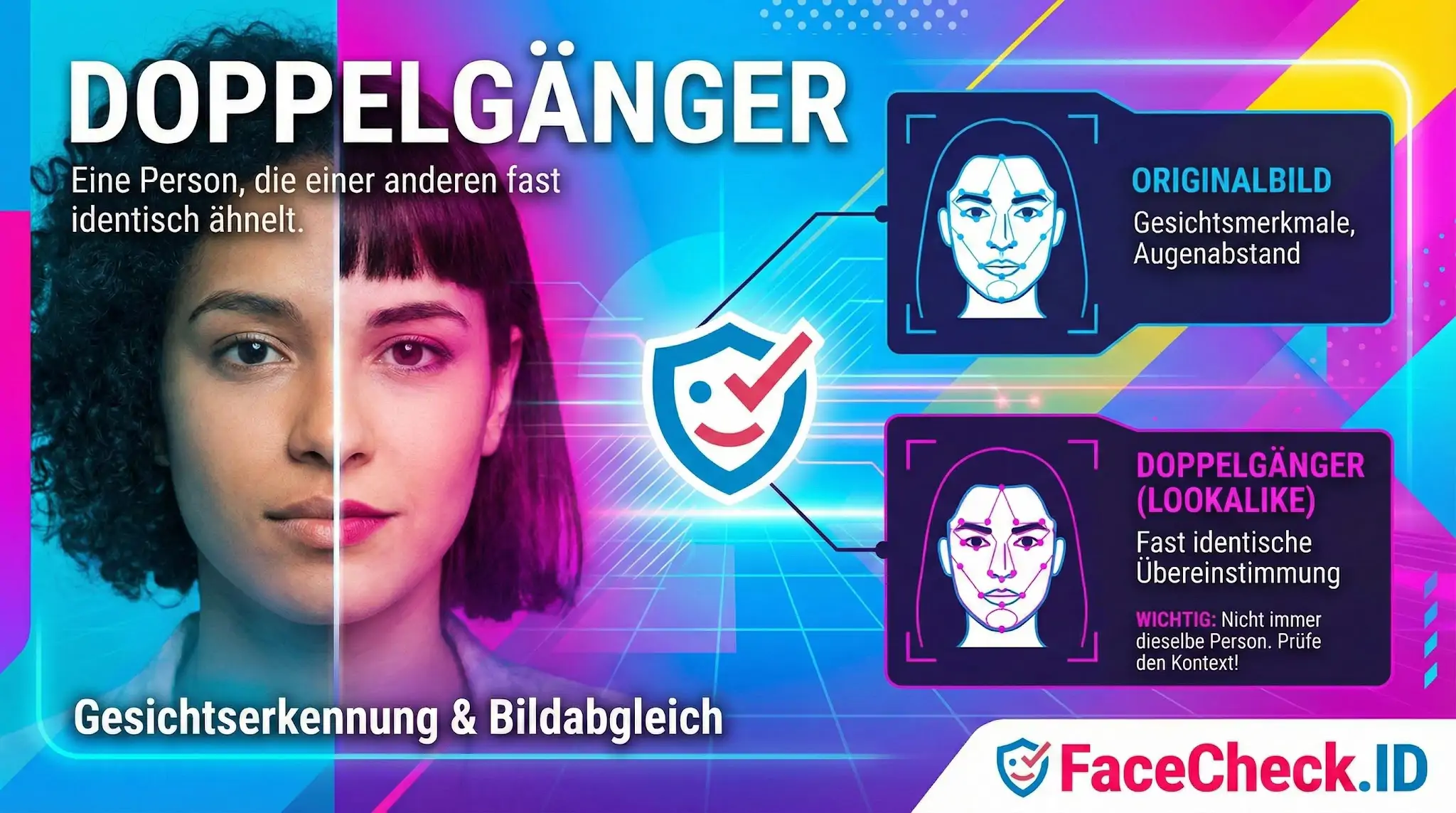Doppelgänger Infografik über Doppelgänger und Gesichtserkennung: Ein geteiltes Gesichtsprofil zeigt Ähnlichkeiten, ergänzt durch Diagramme zum biometrischen Bildabgleich.