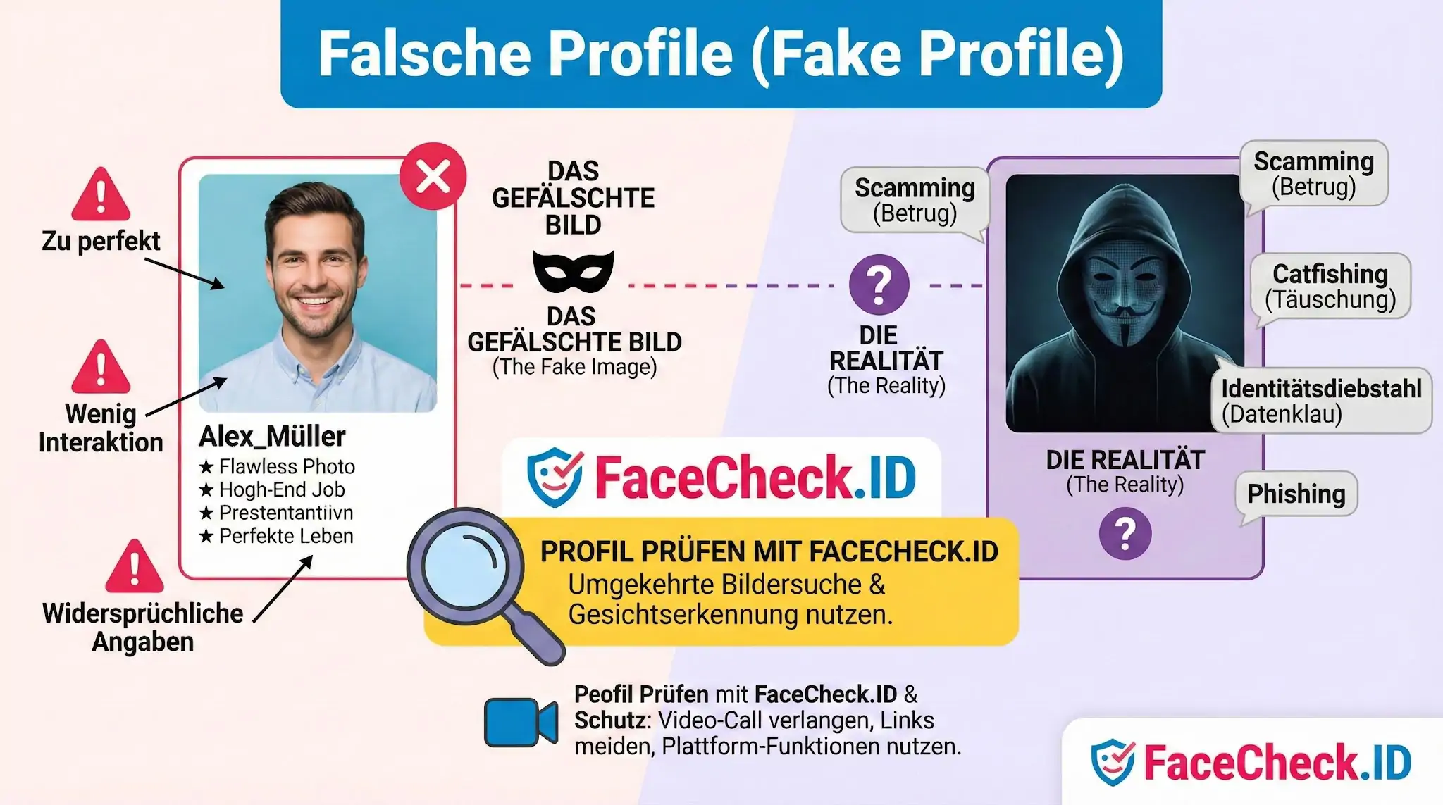 Infografik: Falsche Profile erkennen durch Warnsignale wie zu perfekte Fotos und wenig Interaktion, mit Tipps zur Überprüfung.