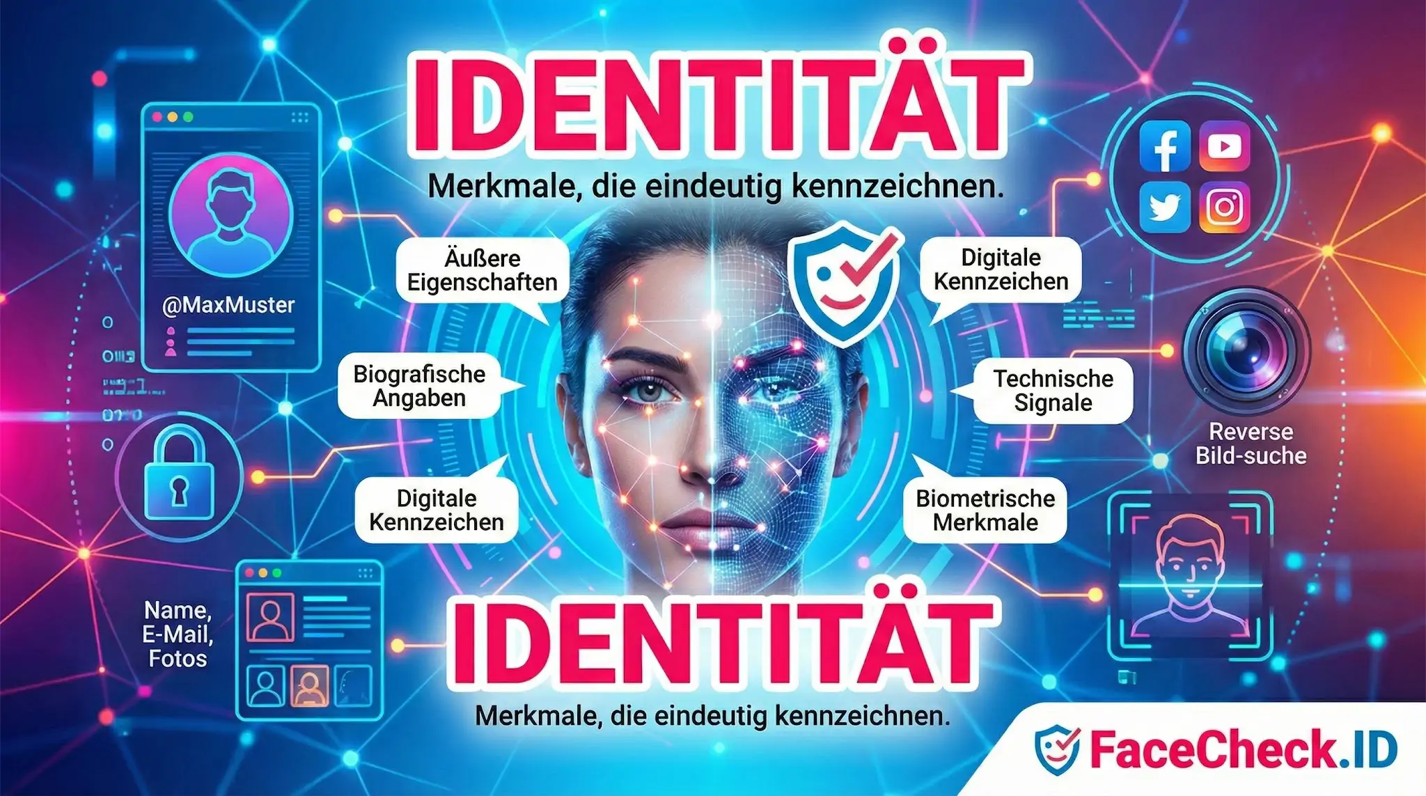 Infografik zur Identität: Ein digitaler Gesichtsscan visualisiert biometrische Merkmale, äußere Eigenschaften und digitale Kennzeichen.
