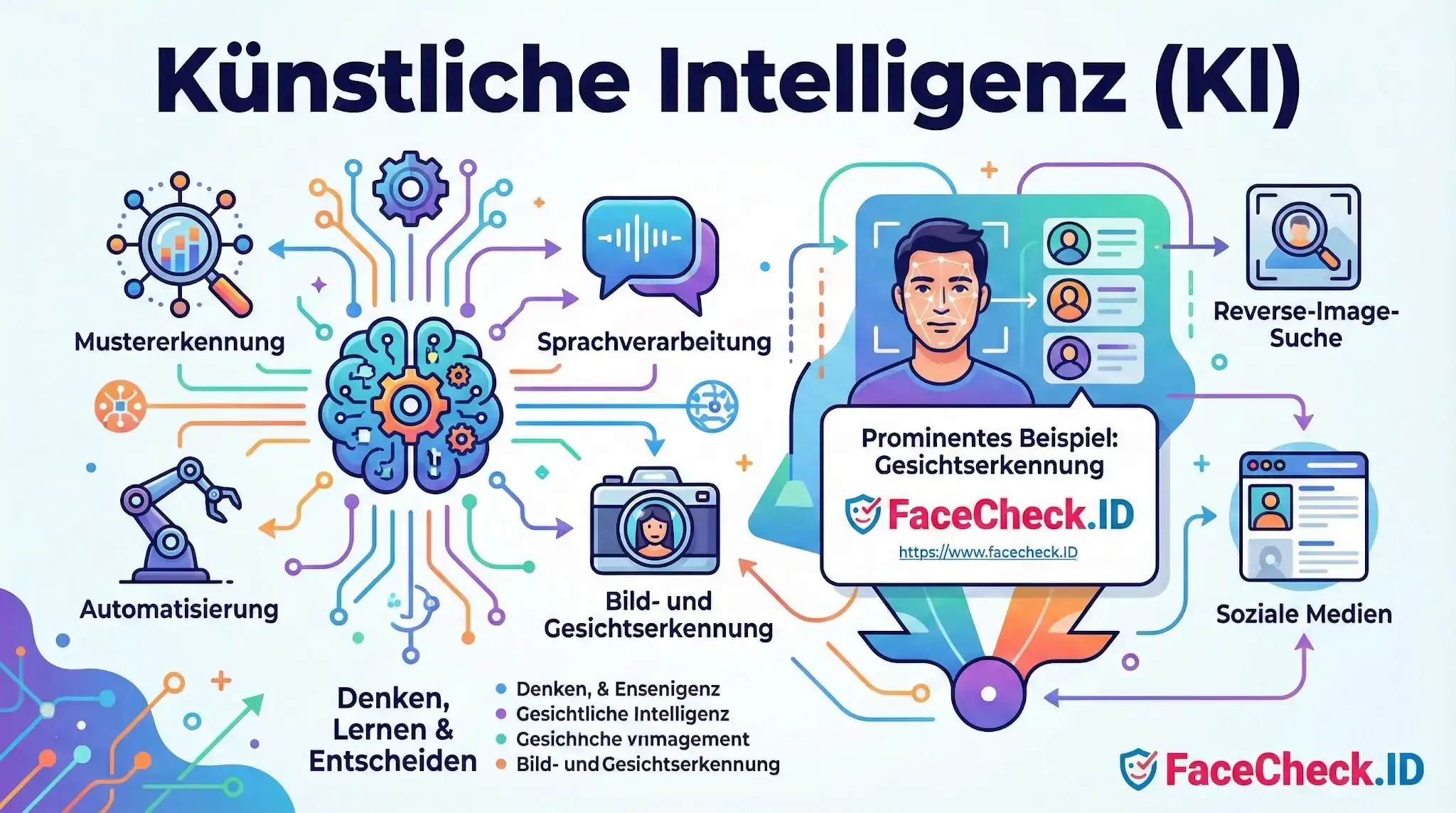 Infografik zu Künstliche Intelligenz (KI) mit Beispielen wie Mustererkennung, Automatisierung und Gesichtserkennung durch FaceCheck.ID.