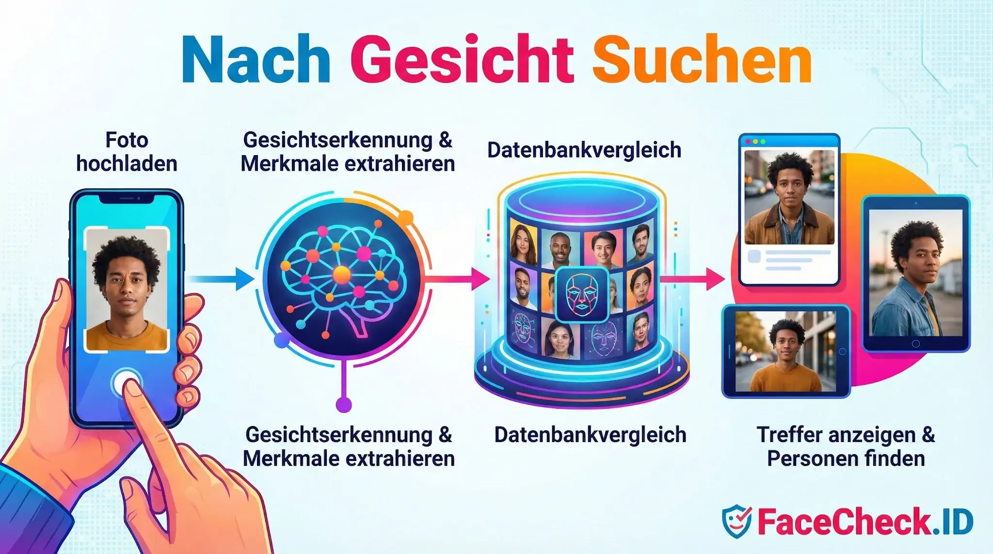 Schaubild zum Ablauf Nach Gesicht Suchen: Ein Handy-Foto wird per KI analysiert, in einer Datenbank abgeglichen und gefundene Personen angezeigt.