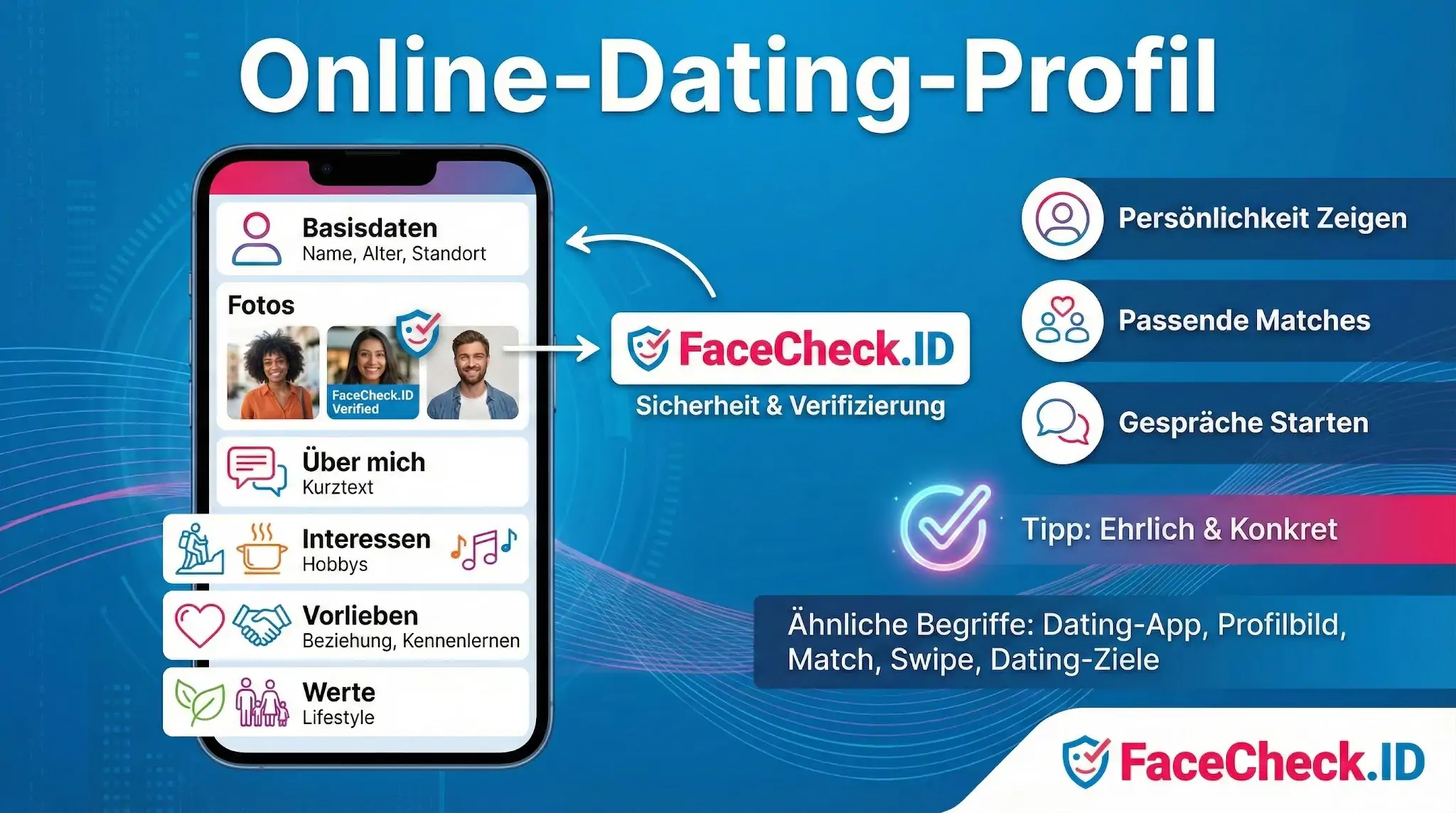 Online-Dating-Profile Infografik zum Optimieren von Online-Dating-Profilen: Tipps für Fotos, Text und Sicherheit durch FaceCheck.ID.