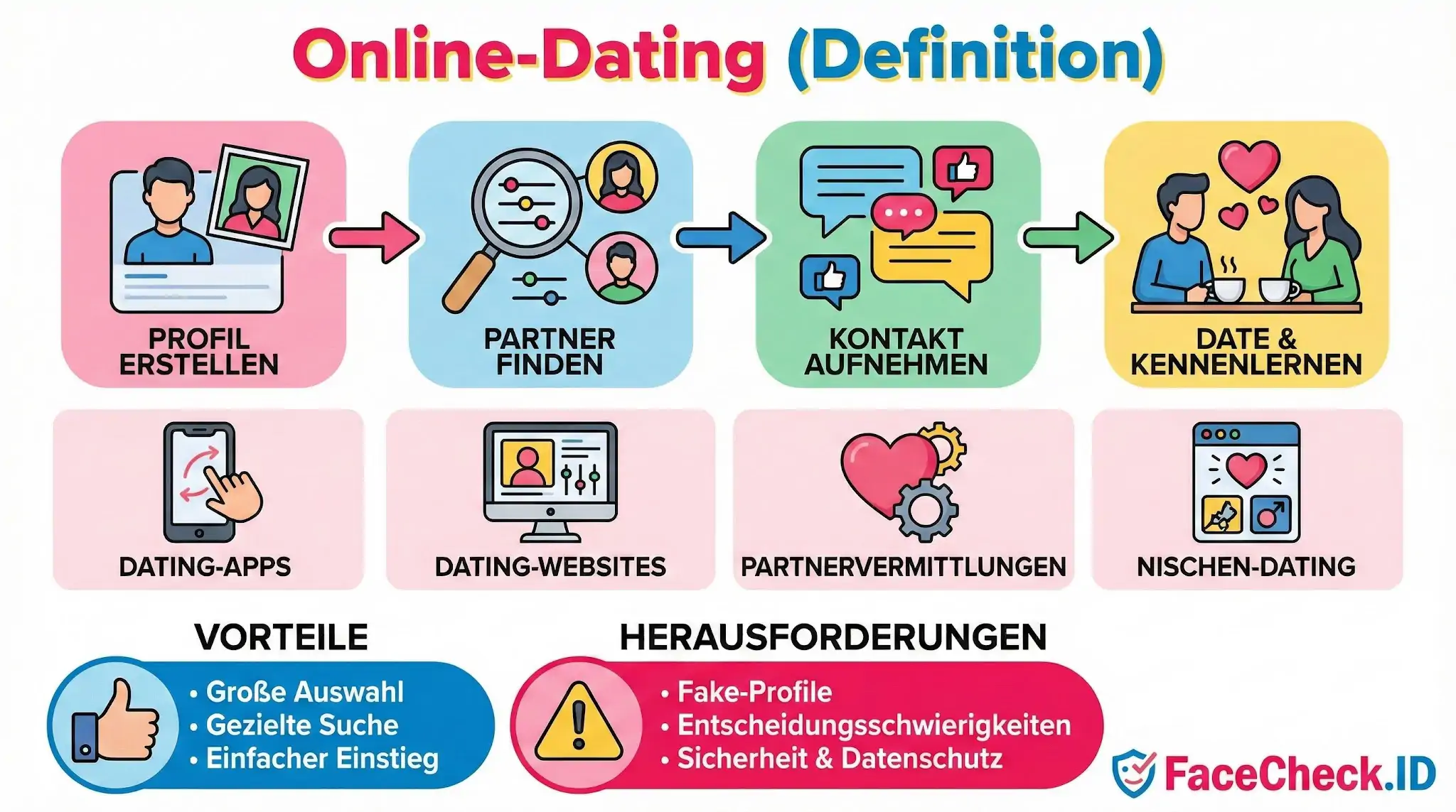 Infografik zur Online-Dating Definition: Ablauf vom Profil erstellen bis zum Date, Typen wie Apps und Partnervermittlungen sowie Vor- und Nachteile.