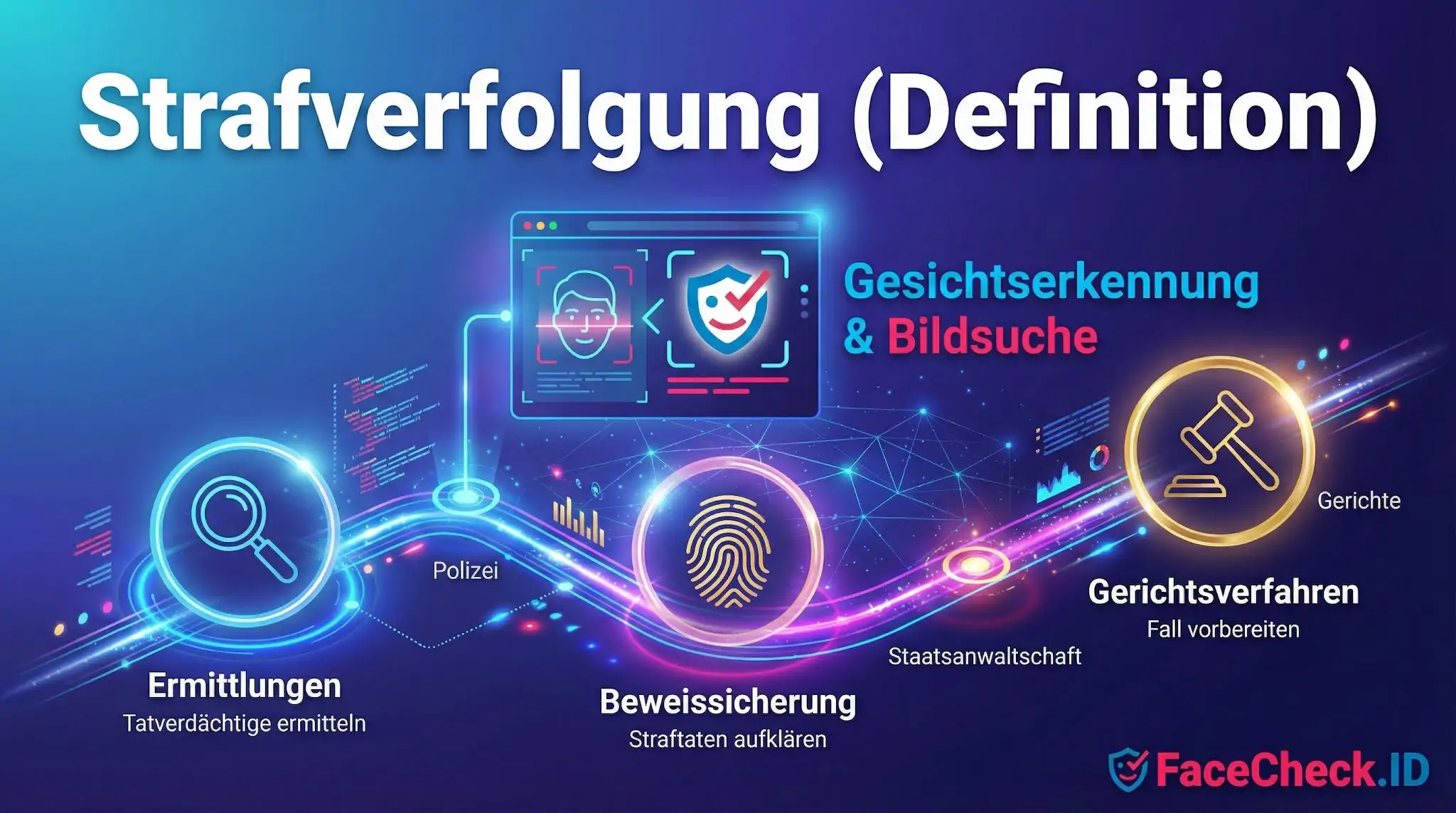 Infografik zur Strafverfolgung: Ablauf von polizeilichen Ermittlungen über Beweissicherung mit Gesichtserkennung bis zum Gerichtsverfahren.