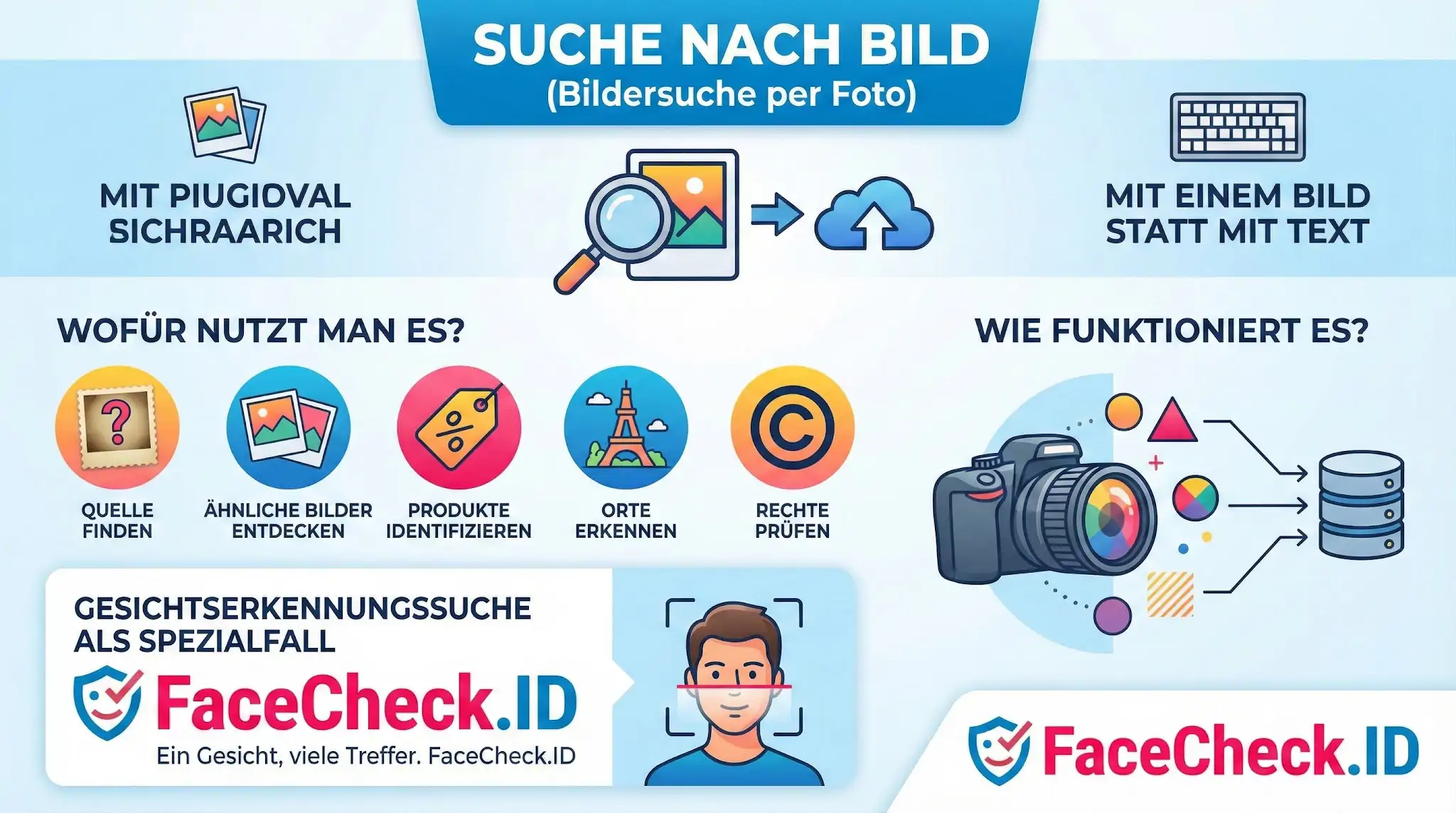 Suche Nach Bild Infografik zur Suche nach Bild: Funktionen wie Quelle finden, Produkte identifizieren und Gesichtserkennungssuche mit FaceCheck.ID.