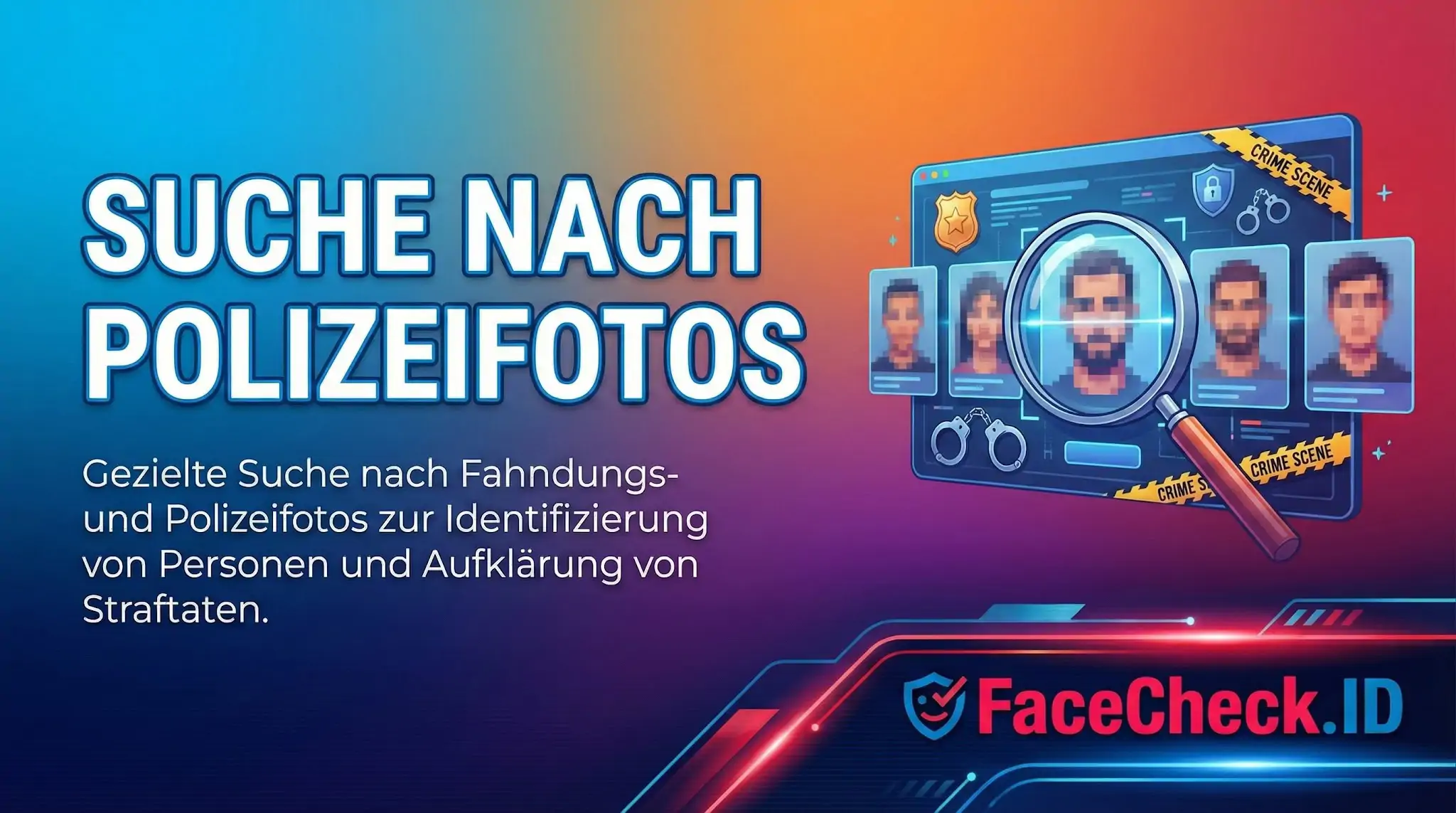 Grafik zur Suche nach Polizeifotos mit FaceCheck.ID, zeigt Fahndungsbilder unter einer Lupe zur Identifizierung von Personen.